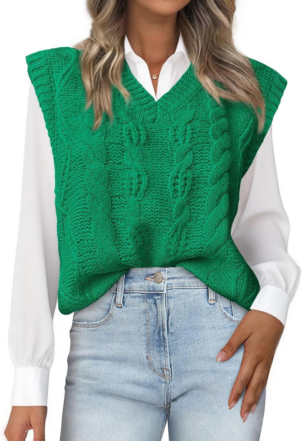 imageBTFBM Sweater Vest Women Oversized V Neck Cable Knit Casual Pullover Sweaters Fall Outfits 2025 Sleeveless TopsGreen