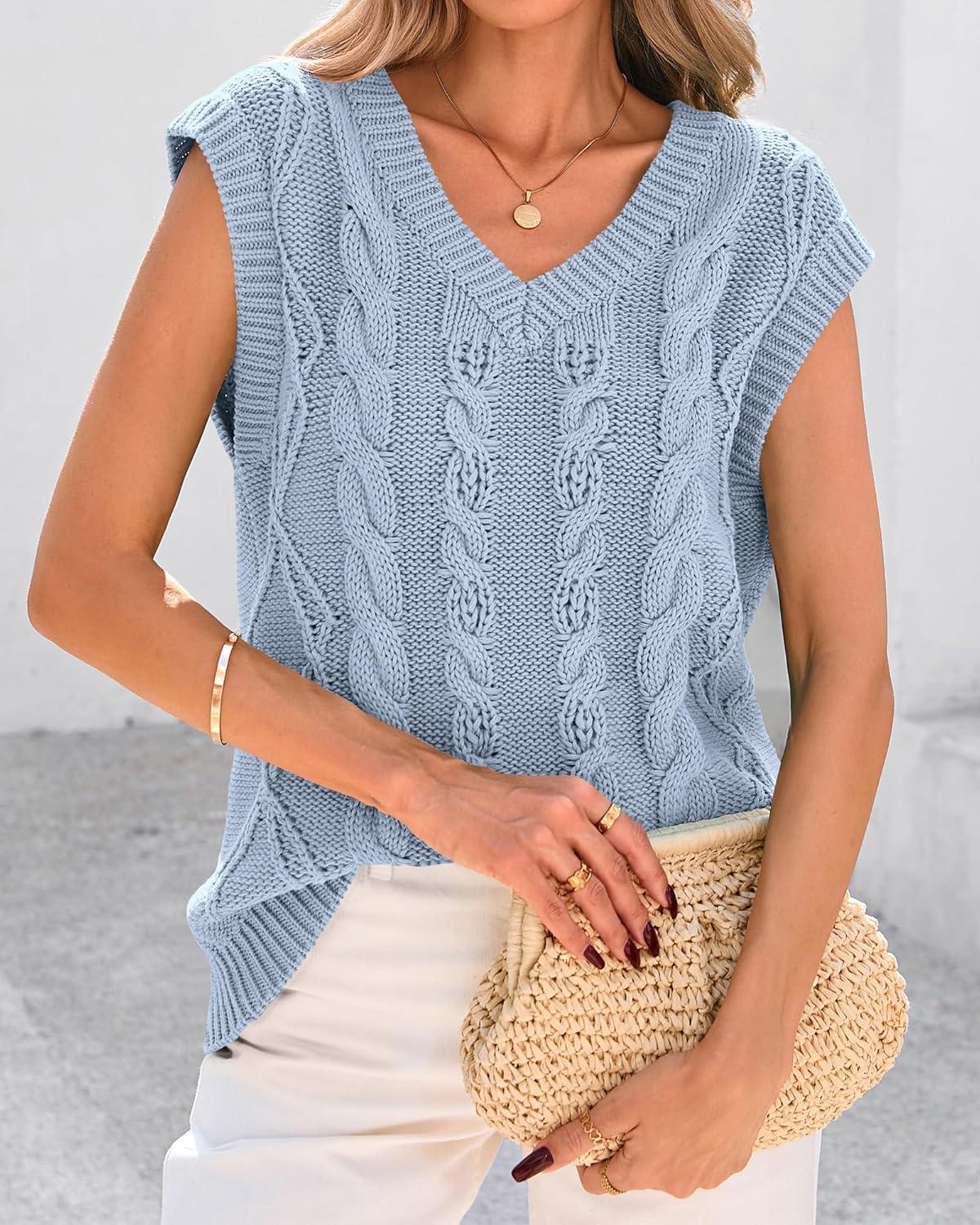 imageBTFBM Sweater Vest Women Oversized V Neck Cable Knit Casual Pullover Sweaters Fall Outfits 2025 Sleeveless TopsLight Blue
