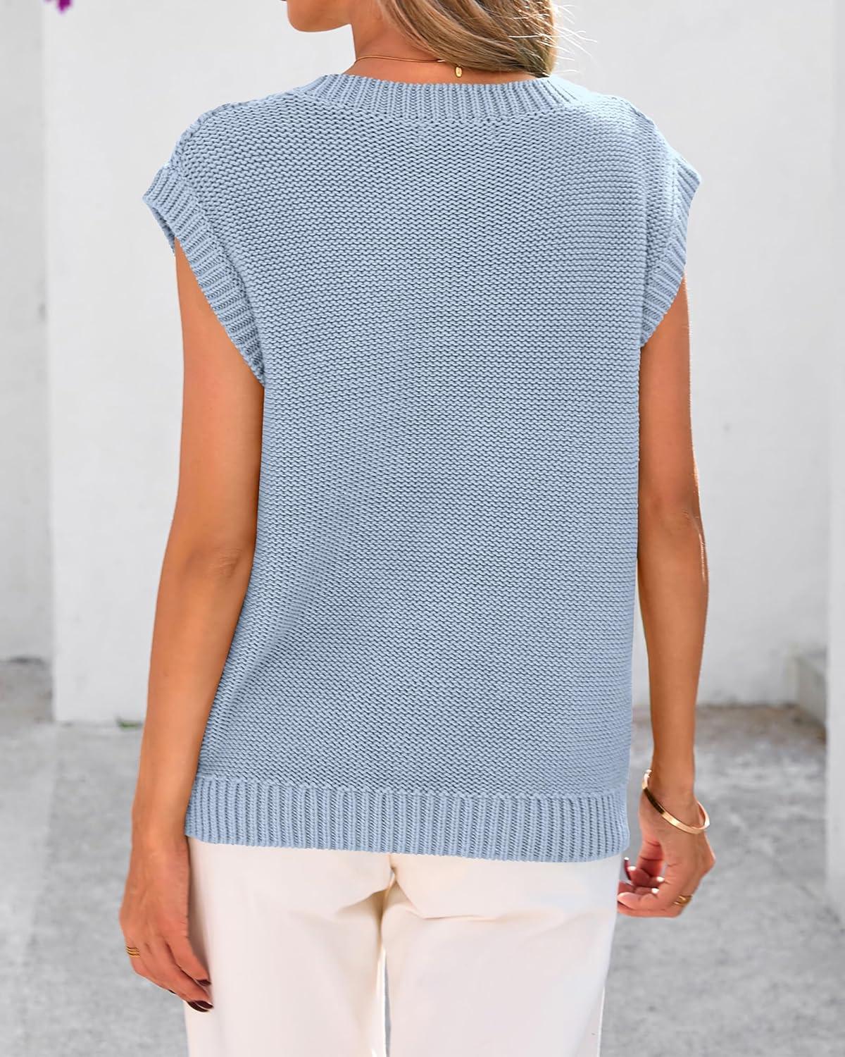 imageBTFBM Sweater Vest Women Oversized V Neck Cable Knit Casual Pullover Sweaters Fall Outfits 2025 Sleeveless TopsLight Blue