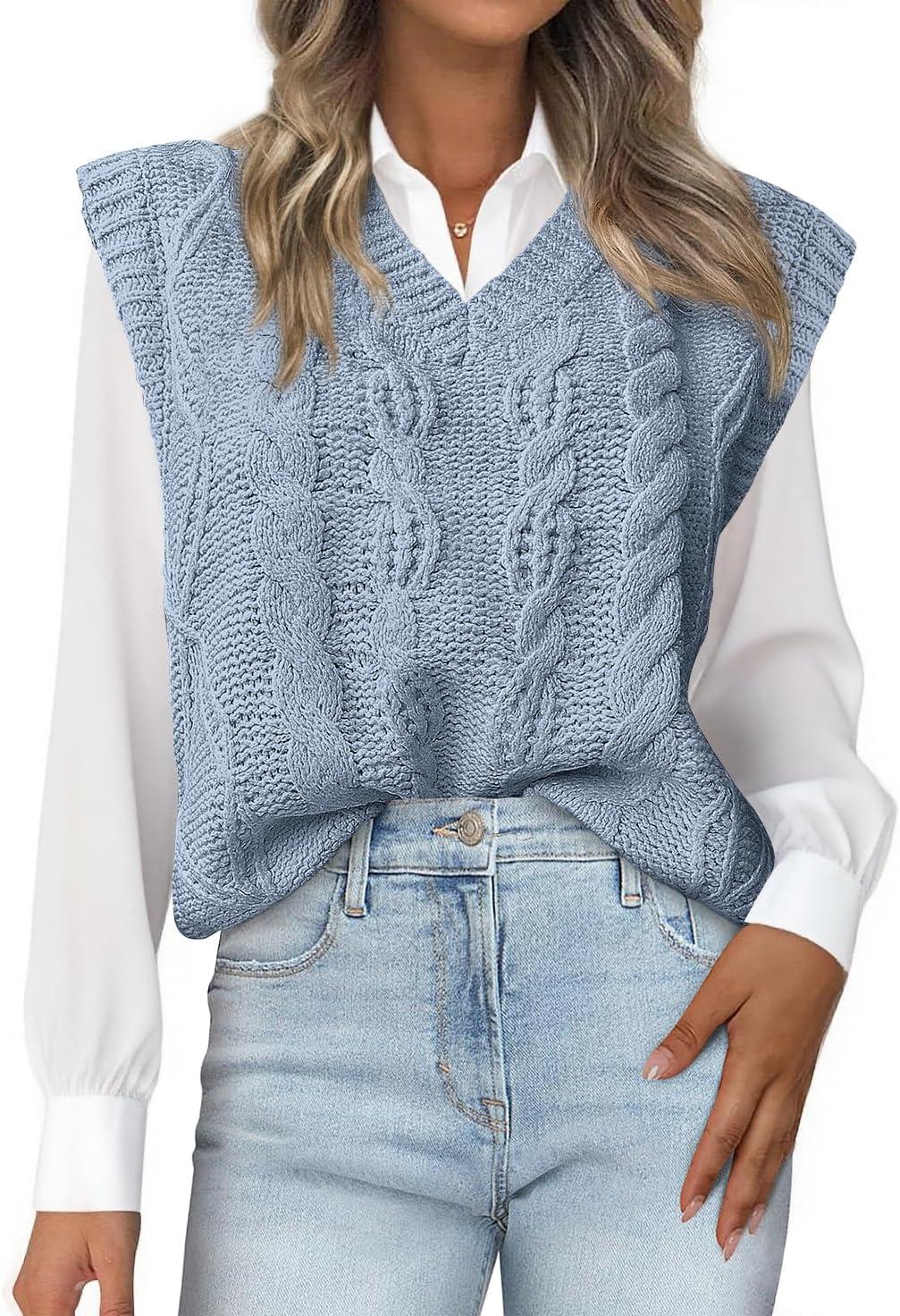 imageBTFBM Sweater Vest Women Oversized V Neck Cable Knit Casual Pullover Sweaters Fall Outfits 2025 Sleeveless TopsLight Blue