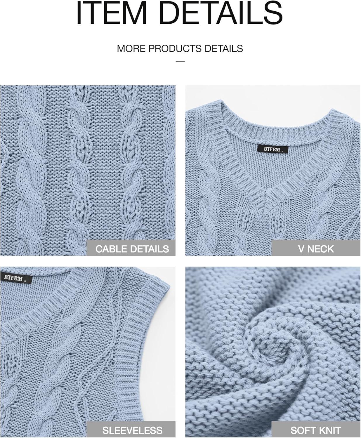 imageBTFBM Sweater Vest Women Oversized V Neck Cable Knit Casual Pullover Sweaters Fall Outfits 2025 Sleeveless TopsLight Blue