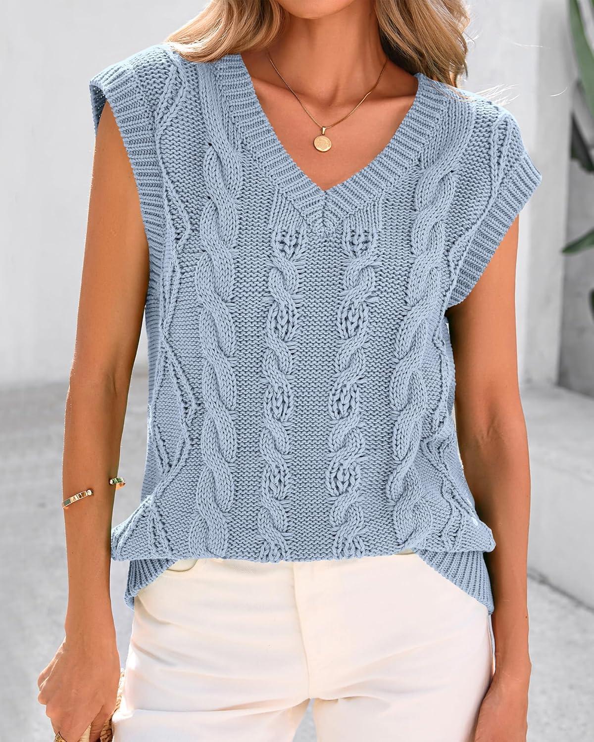 imageBTFBM Sweater Vest Women Oversized V Neck Cable Knit Casual Pullover Sweaters Fall Outfits 2025 Sleeveless TopsLight Blue