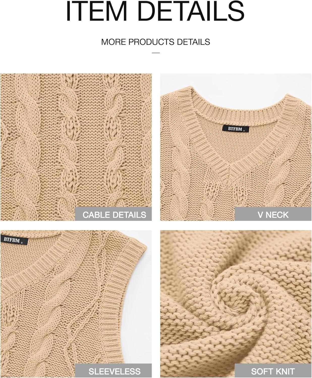 imageBTFBM Sweater Vest Women Oversized V Neck Cable Knit Casual Pullover Sweaters Fall Outfits 2025 Sleeveless TopsLight Khaki