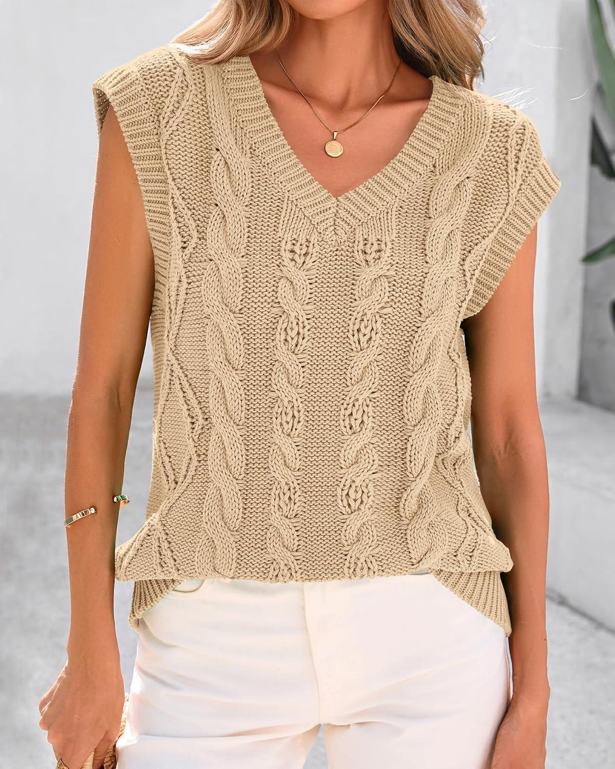 imageBTFBM Sweater Vest Women Oversized V Neck Cable Knit Casual Pullover Sweaters Fall Outfits 2025 Sleeveless TopsLight Khaki