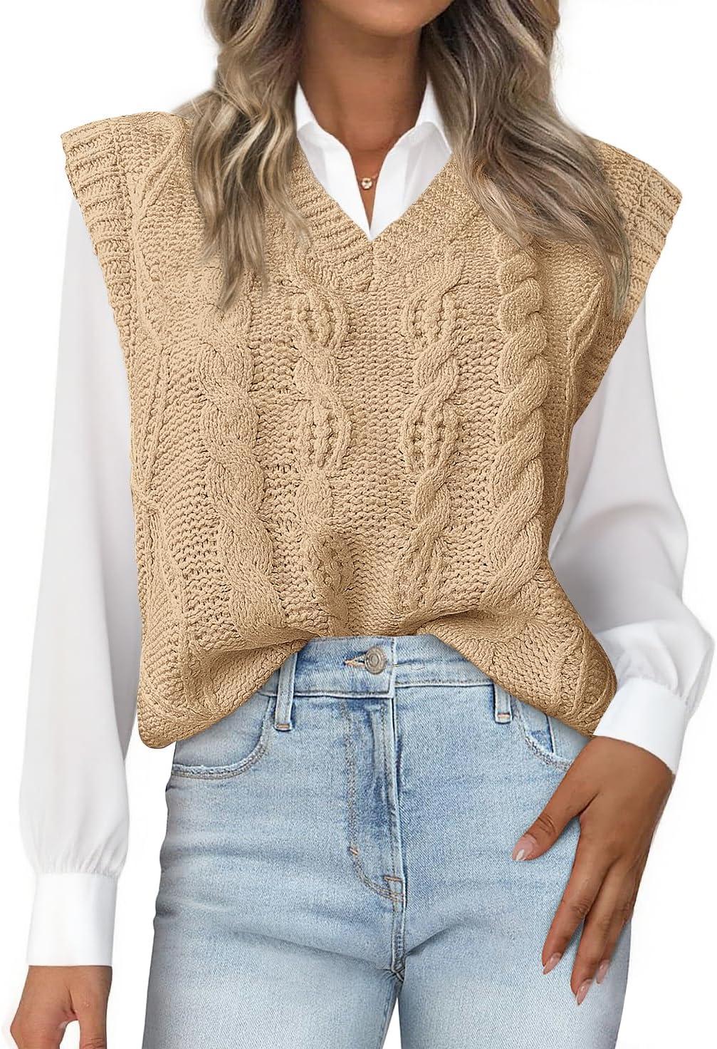 imageBTFBM Sweater Vest Women Oversized V Neck Cable Knit Casual Pullover Sweaters Fall Outfits 2025 Sleeveless TopsLight Khaki