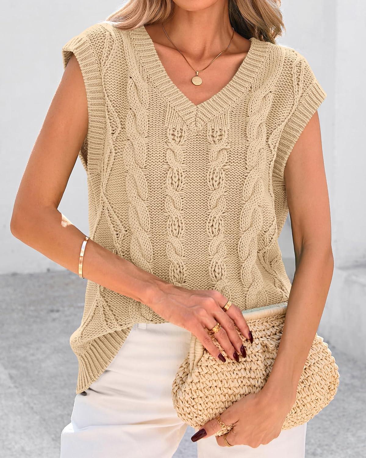 imageBTFBM Sweater Vest Women Oversized V Neck Cable Knit Casual Pullover Sweaters Fall Outfits 2025 Sleeveless TopsLight Khaki