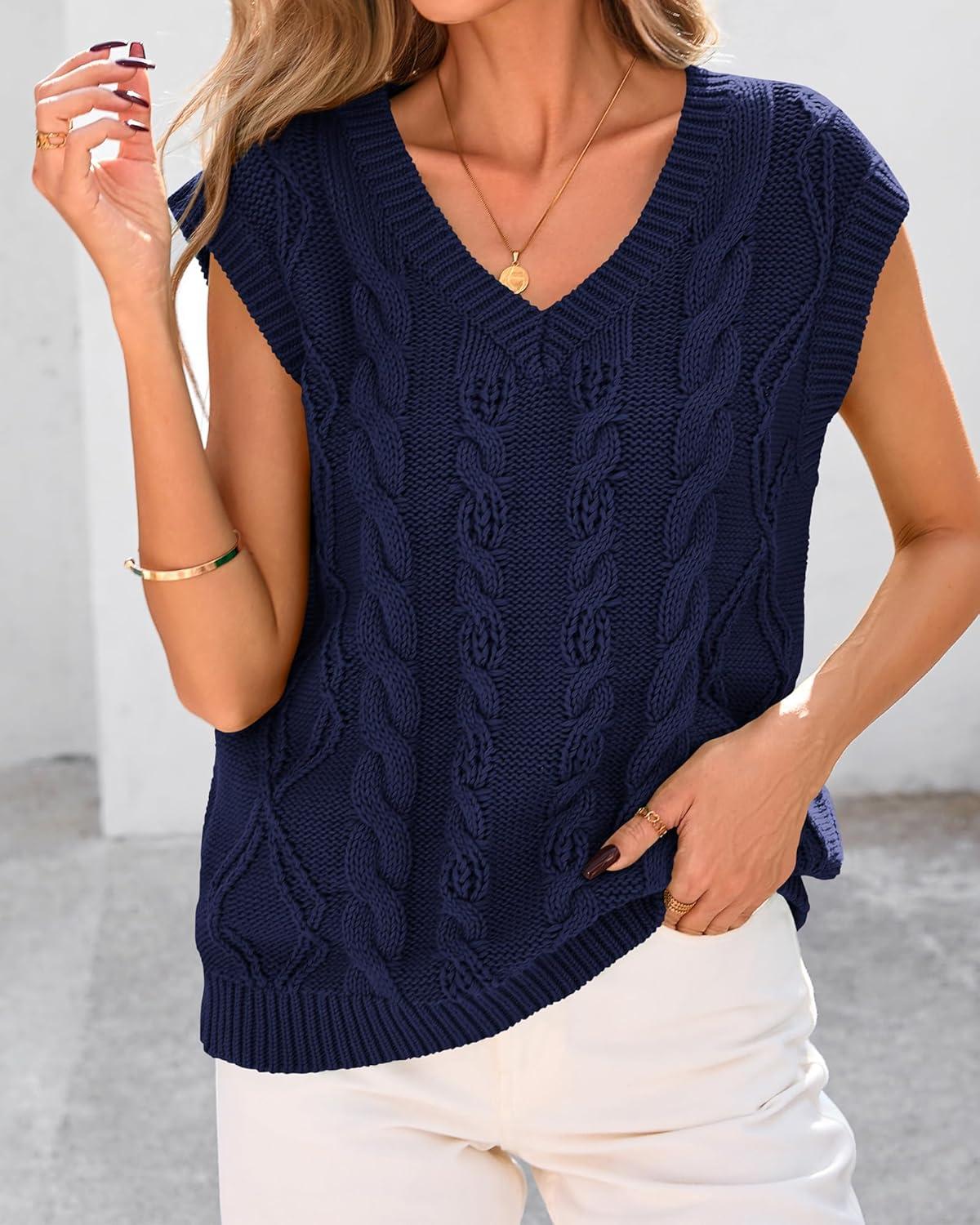 imageBTFBM Sweater Vest Women Oversized V Neck Cable Knit Casual Pullover Sweaters Fall Outfits 2025 Sleeveless TopsNavy