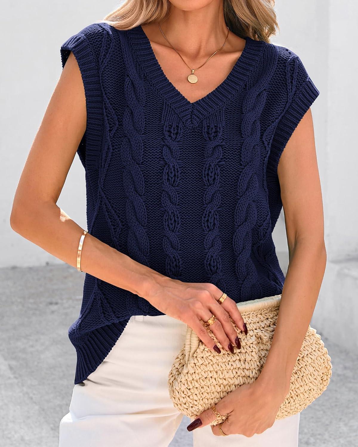 imageBTFBM Sweater Vest Women Oversized V Neck Cable Knit Casual Pullover Sweaters Fall Outfits 2025 Sleeveless TopsNavy