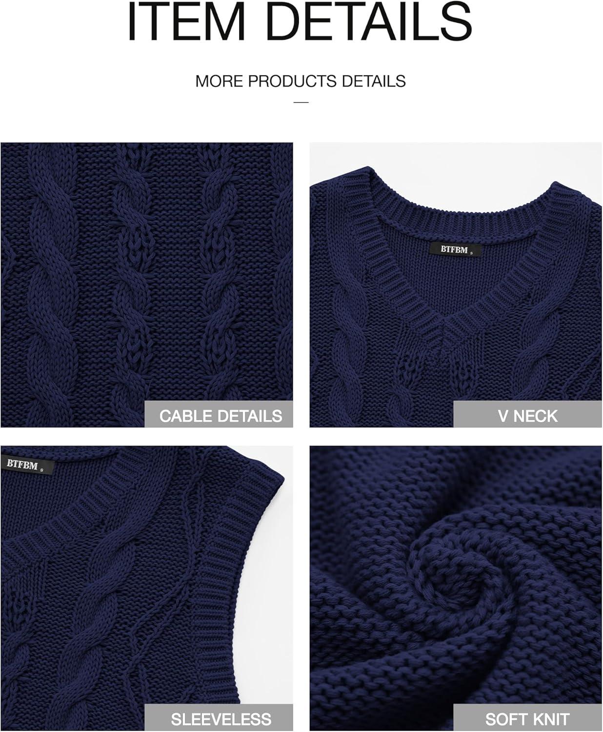 imageBTFBM Sweater Vest Women Oversized V Neck Cable Knit Casual Pullover Sweaters Fall Outfits 2025 Sleeveless TopsNavy