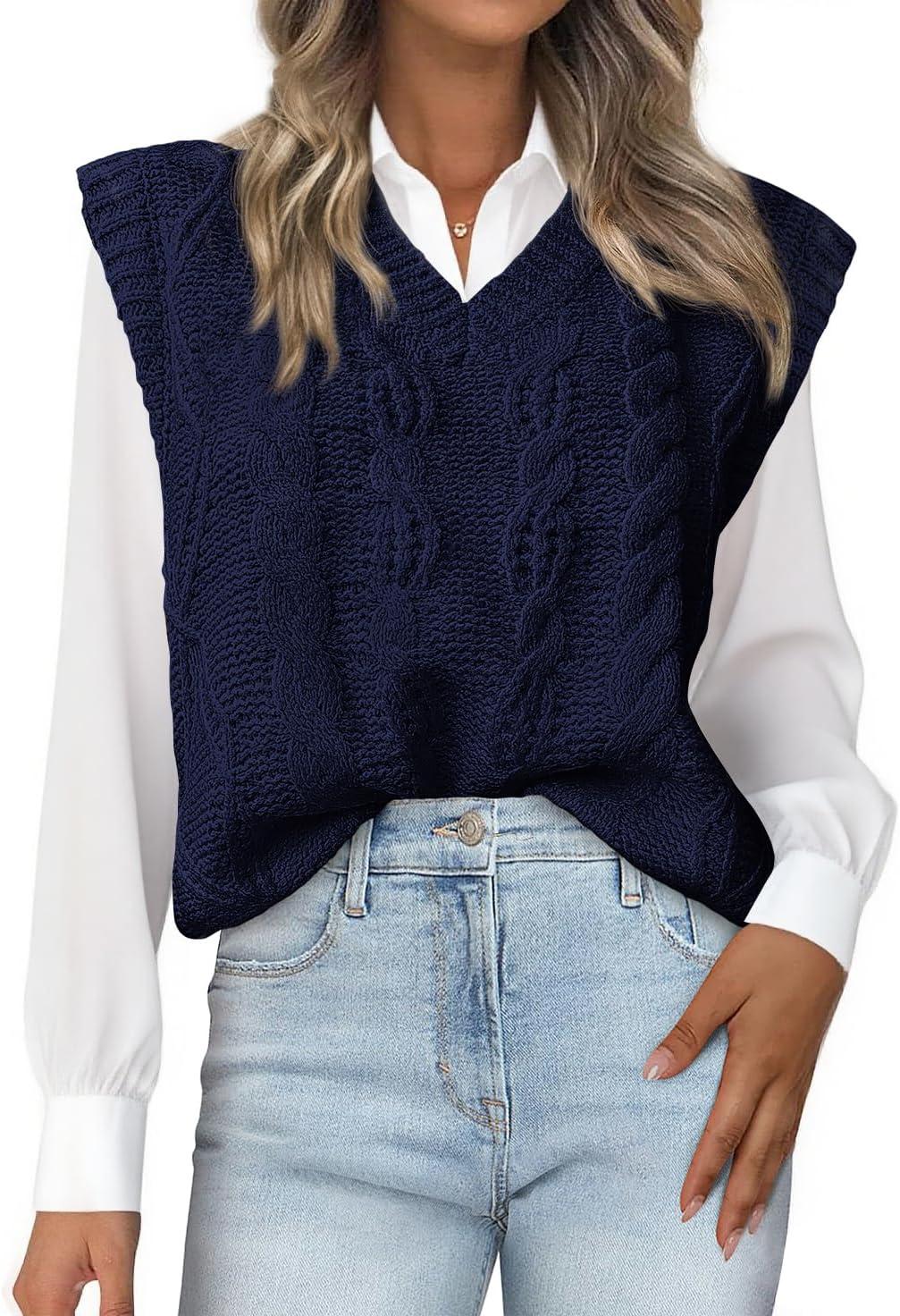 imageBTFBM Sweater Vest Women Oversized V Neck Cable Knit Casual Pullover Sweaters Fall Outfits 2025 Sleeveless TopsNavy