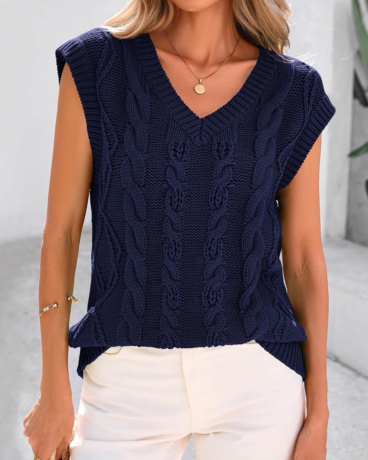 imageBTFBM Sweater Vest Women Oversized V Neck Cable Knit Casual Pullover Sweaters Fall Outfits 2025 Sleeveless TopsNavy