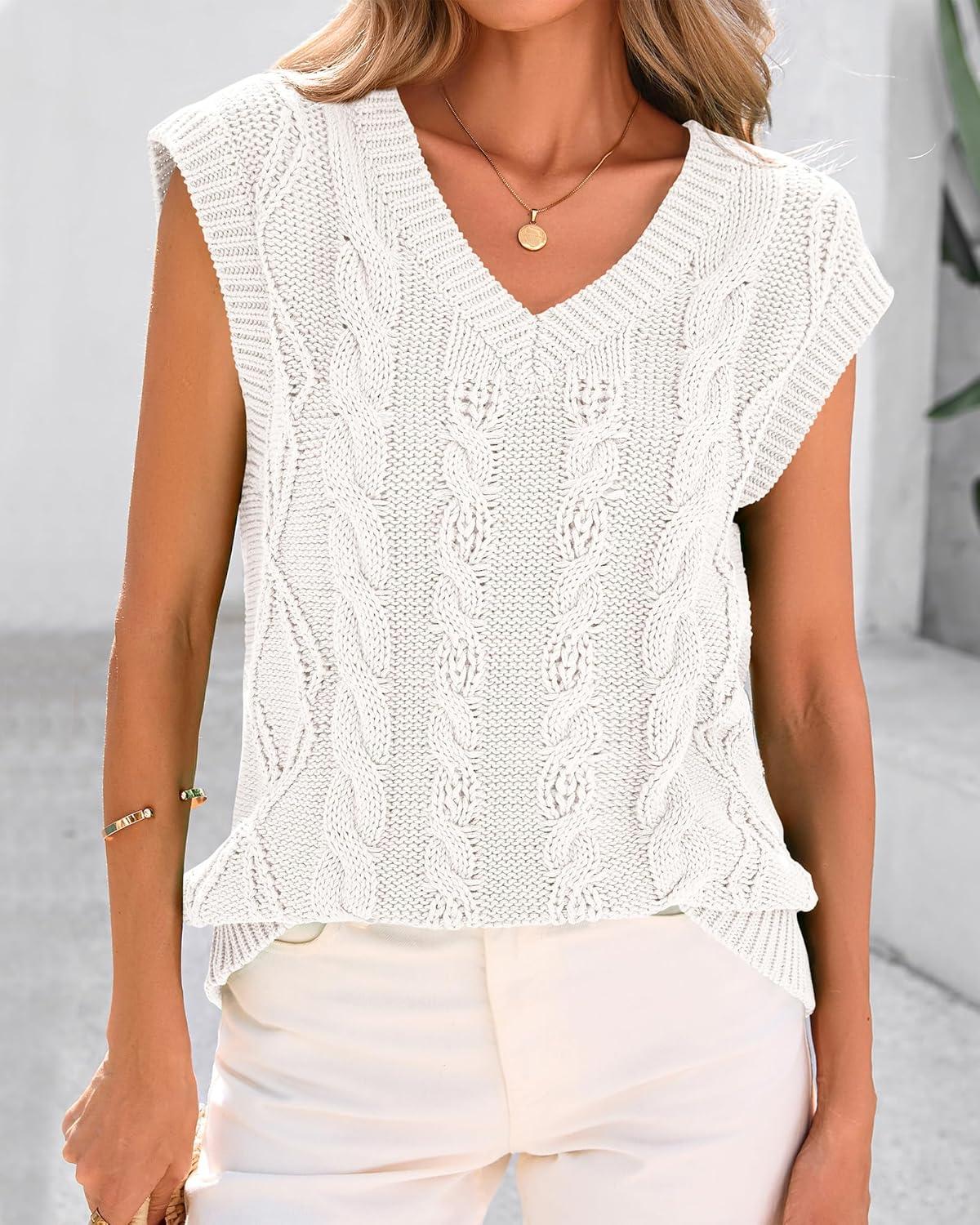 imageBTFBM Sweater Vest Women Oversized V Neck Cable Knit Casual Pullover Sweaters Fall Outfits 2025 Sleeveless TopsWhite