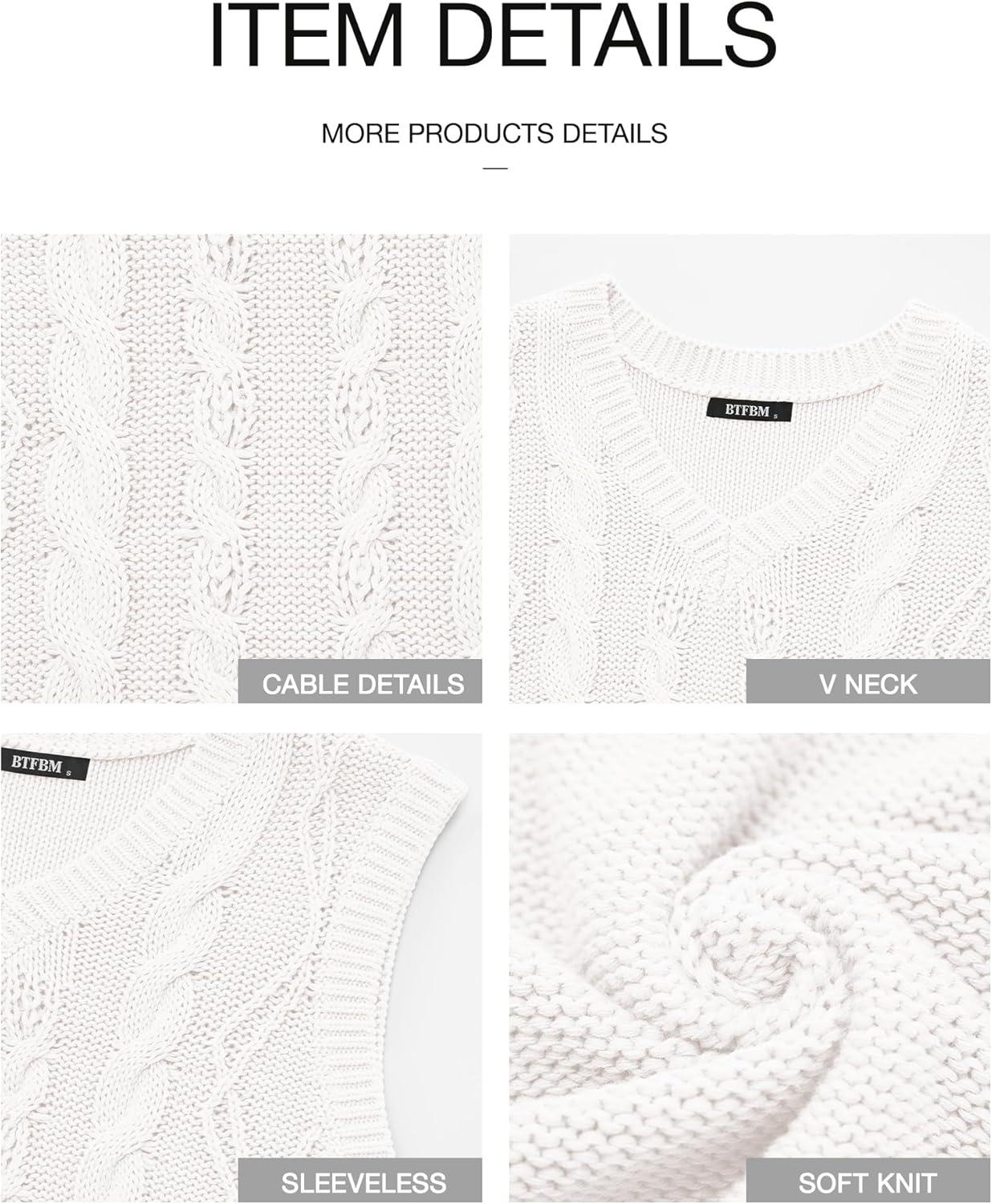 imageBTFBM Sweater Vest Women Oversized V Neck Cable Knit Casual Pullover Sweaters Fall Outfits 2025 Sleeveless TopsWhite