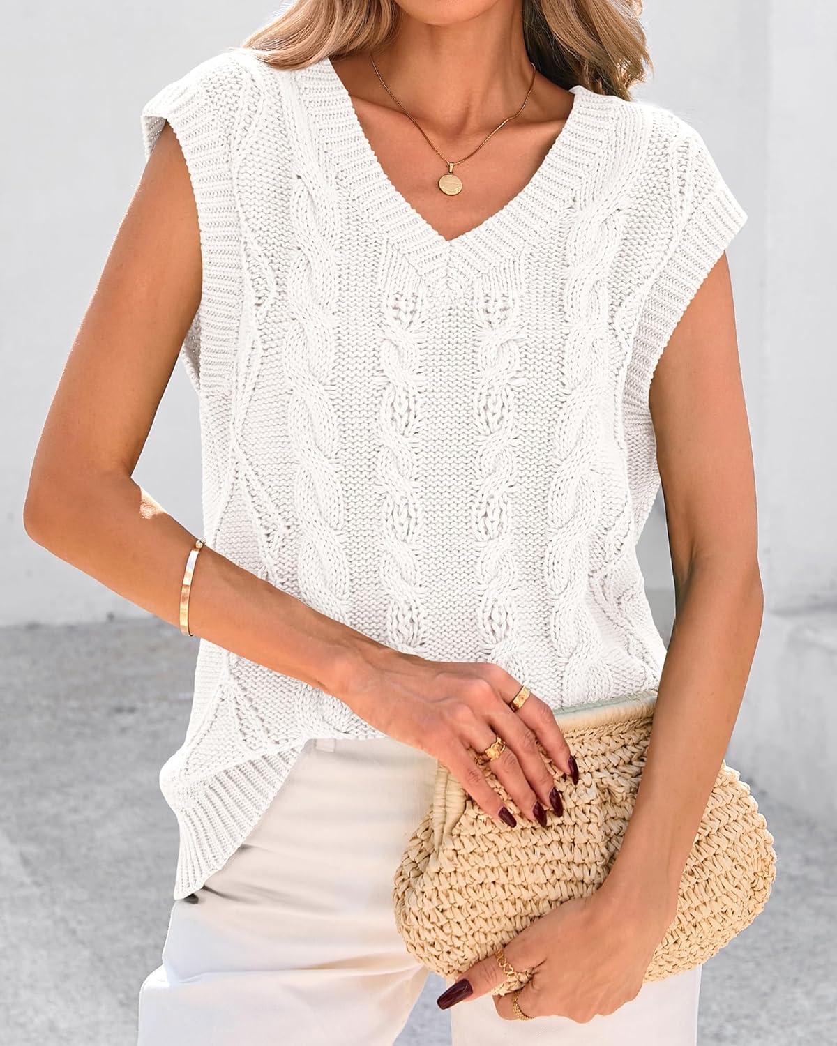 imageBTFBM Sweater Vest Women Oversized V Neck Cable Knit Casual Pullover Sweaters Fall Outfits 2025 Sleeveless TopsWhite