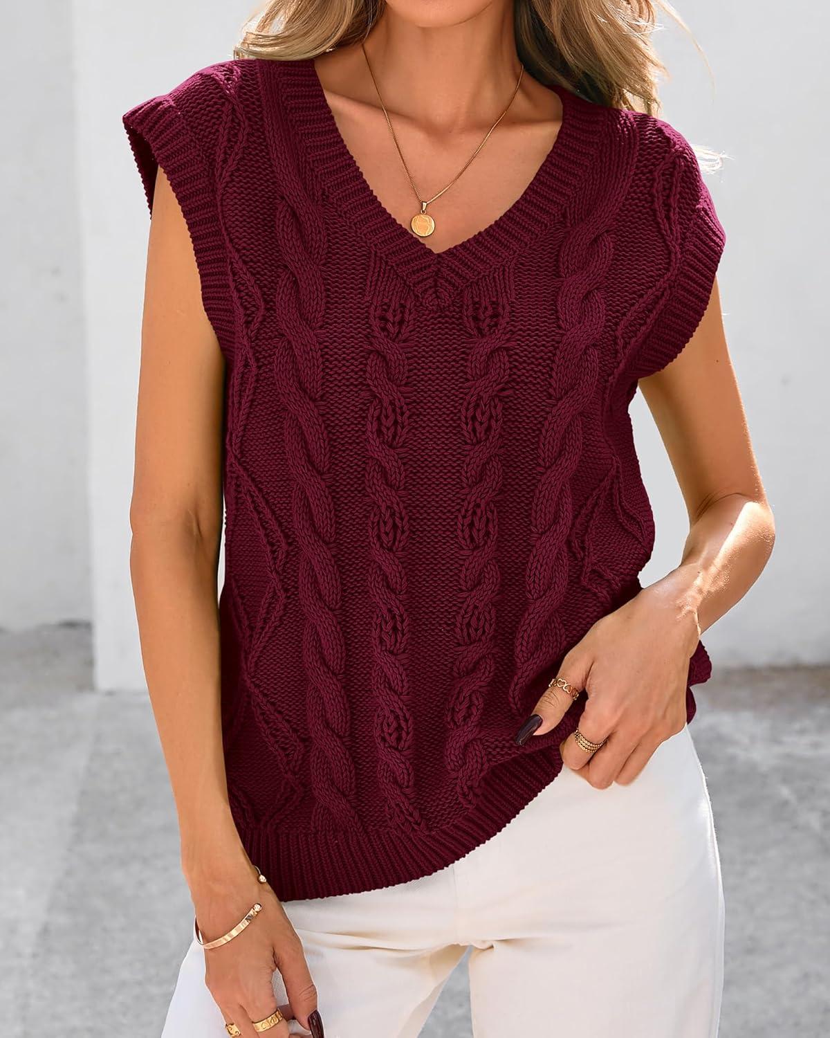 imageBTFBM Sweater Vest Women Oversized V Neck Cable Knit Casual Pullover Sweaters Fall Outfits 2025 Sleeveless TopsWine Red