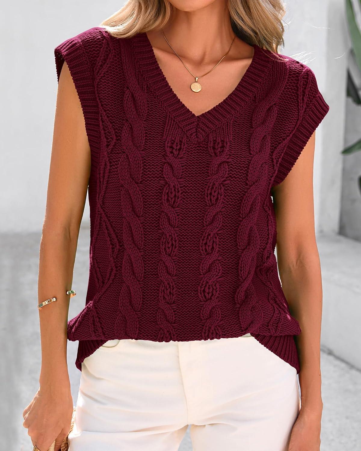 imageBTFBM Sweater Vest Women Oversized V Neck Cable Knit Casual Pullover Sweaters Fall Outfits 2025 Sleeveless TopsWine Red