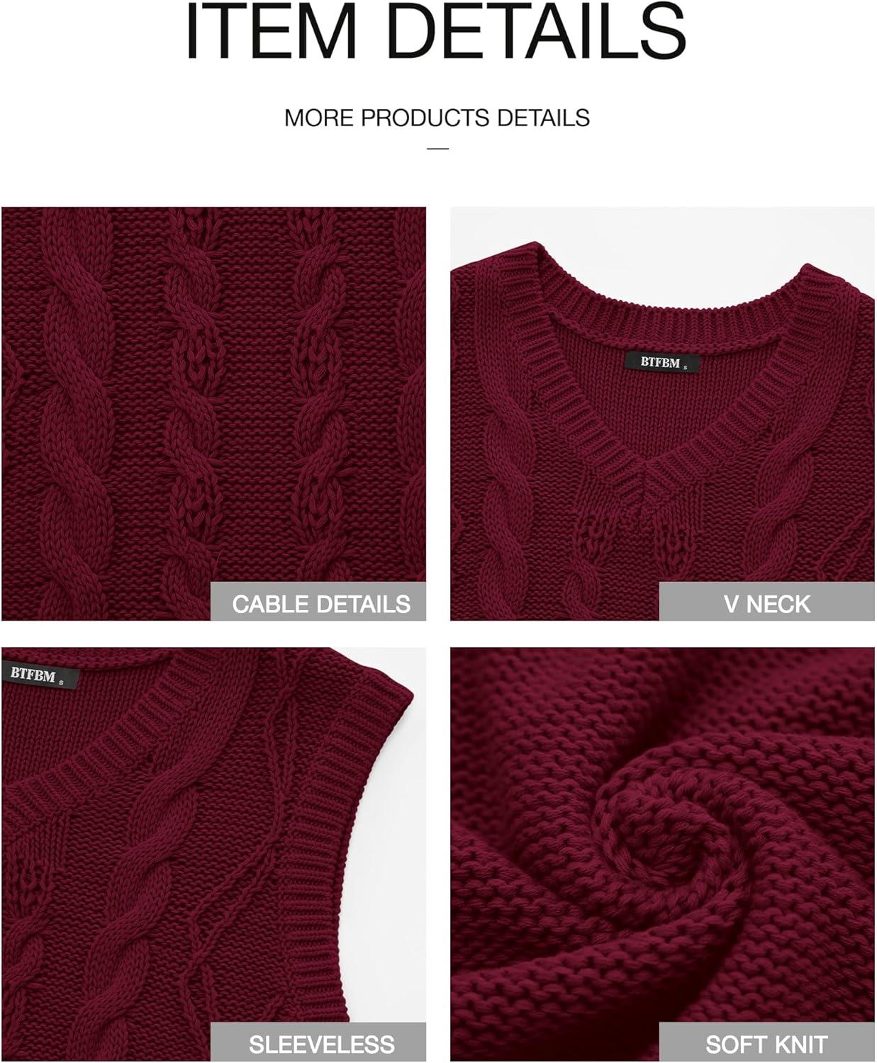 imageBTFBM Sweater Vest Women Oversized V Neck Cable Knit Casual Pullover Sweaters Fall Outfits 2025 Sleeveless TopsWine Red