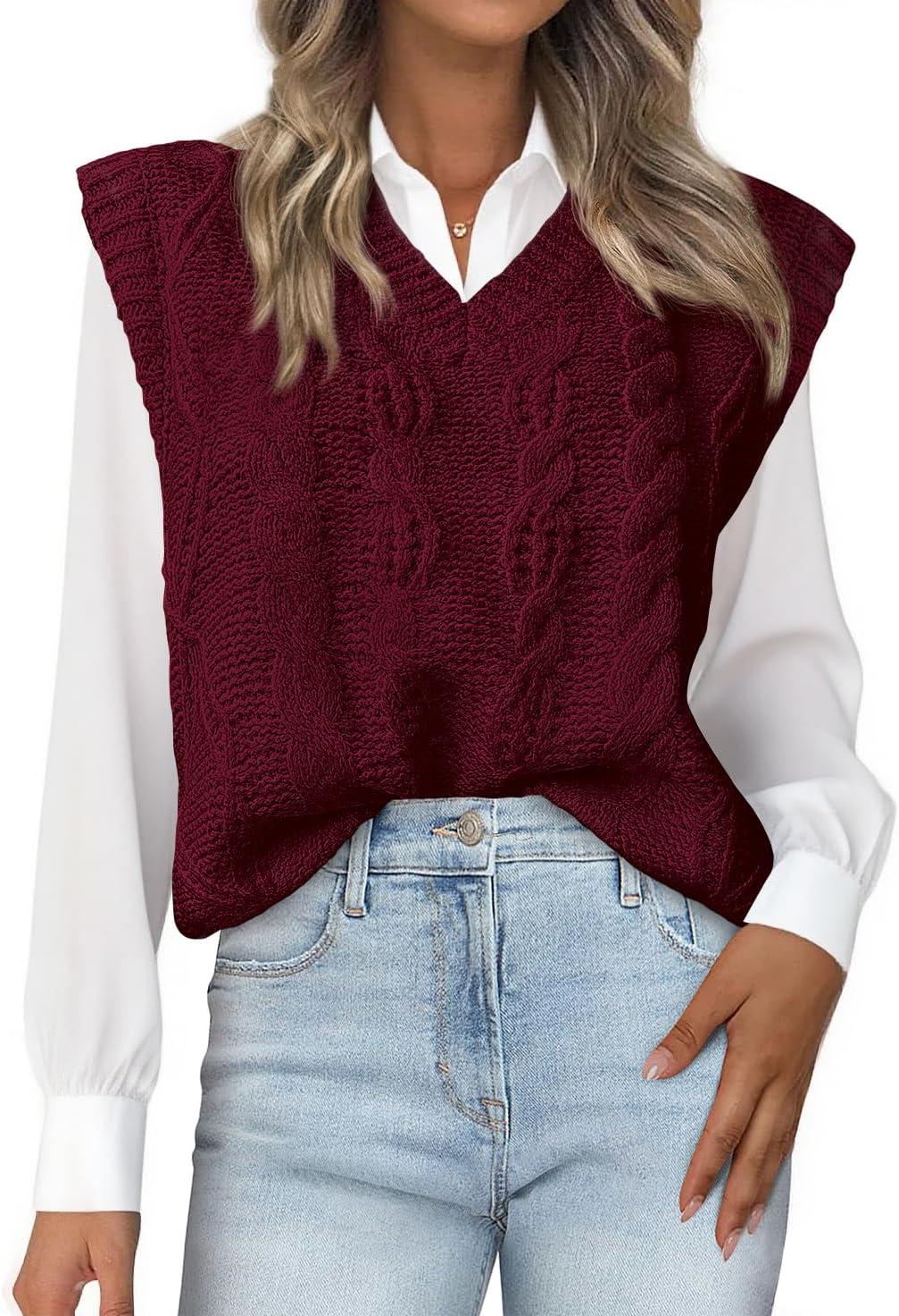 imageBTFBM Sweater Vest Women Oversized V Neck Cable Knit Casual Pullover Sweaters Fall Outfits 2025 Sleeveless TopsWine Red