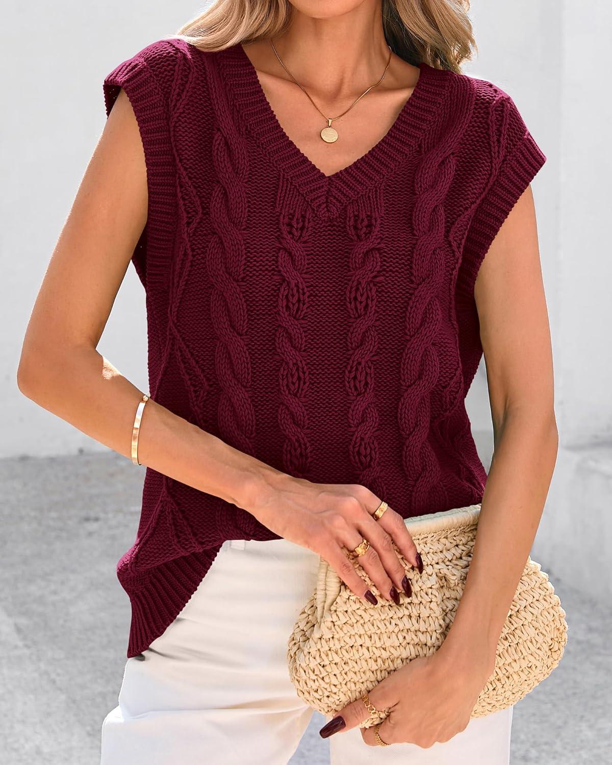 imageBTFBM Sweater Vest Women Oversized V Neck Cable Knit Casual Pullover Sweaters Fall Outfits 2025 Sleeveless TopsWine Red