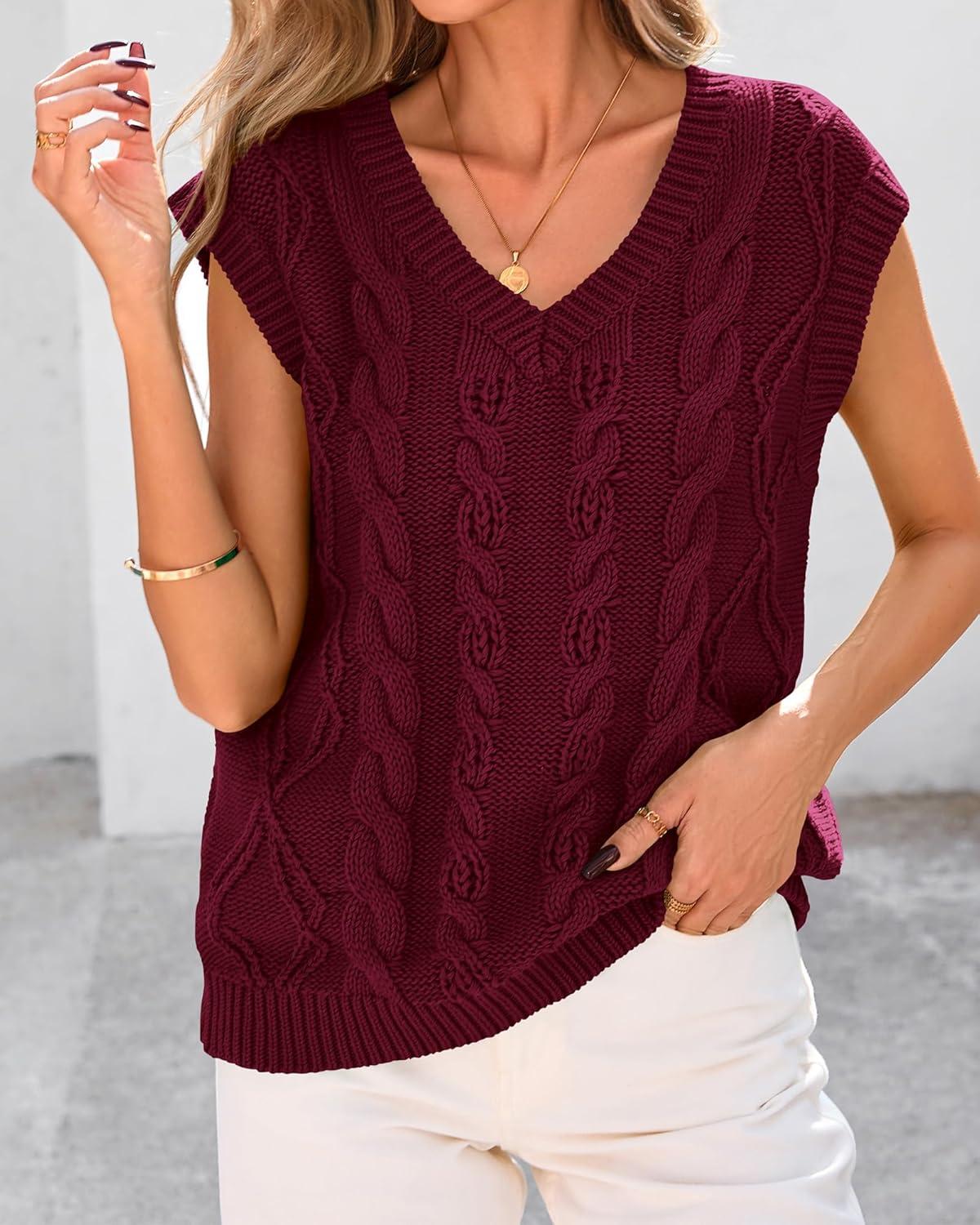 imageBTFBM Sweater Vest Women Oversized V Neck Cable Knit Casual Pullover Sweaters Fall Outfits 2025 Sleeveless TopsWine Red