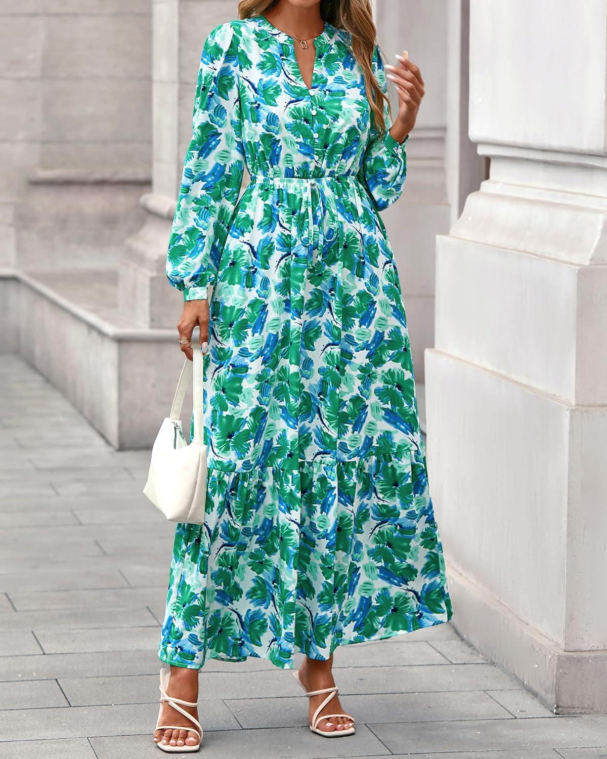 imageBTFBM Women Boho Maxi Dress Fall Fashion 2025 Floral Long Sleeve V Neck Button Pockets Flowy Vacation Wedding DressesFloral Green