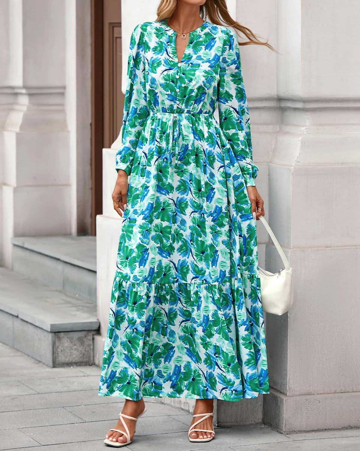 imageBTFBM Women Boho Maxi Dress Fall Fashion 2025 Floral Long Sleeve V Neck Button Pockets Flowy Vacation Wedding DressesFloral Green
