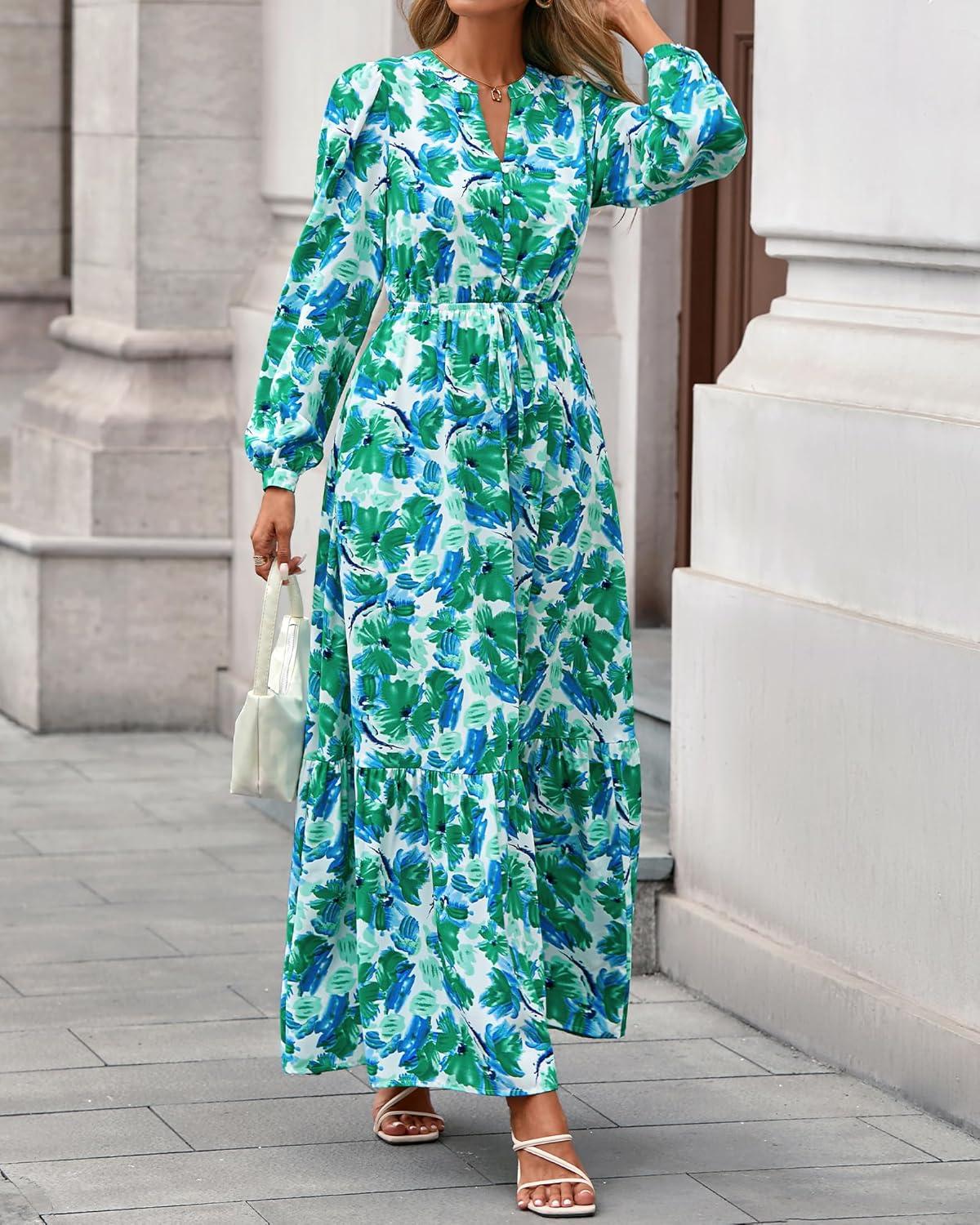 imageBTFBM Women Boho Maxi Dress Fall Fashion 2025 Floral Long Sleeve V Neck Button Pockets Flowy Vacation Wedding DressesFloral Green