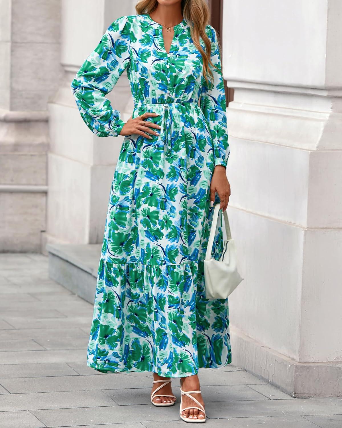 imageBTFBM Women Boho Maxi Dress Fall Fashion 2025 Floral Long Sleeve V Neck Button Pockets Flowy Vacation Wedding DressesFloral Green