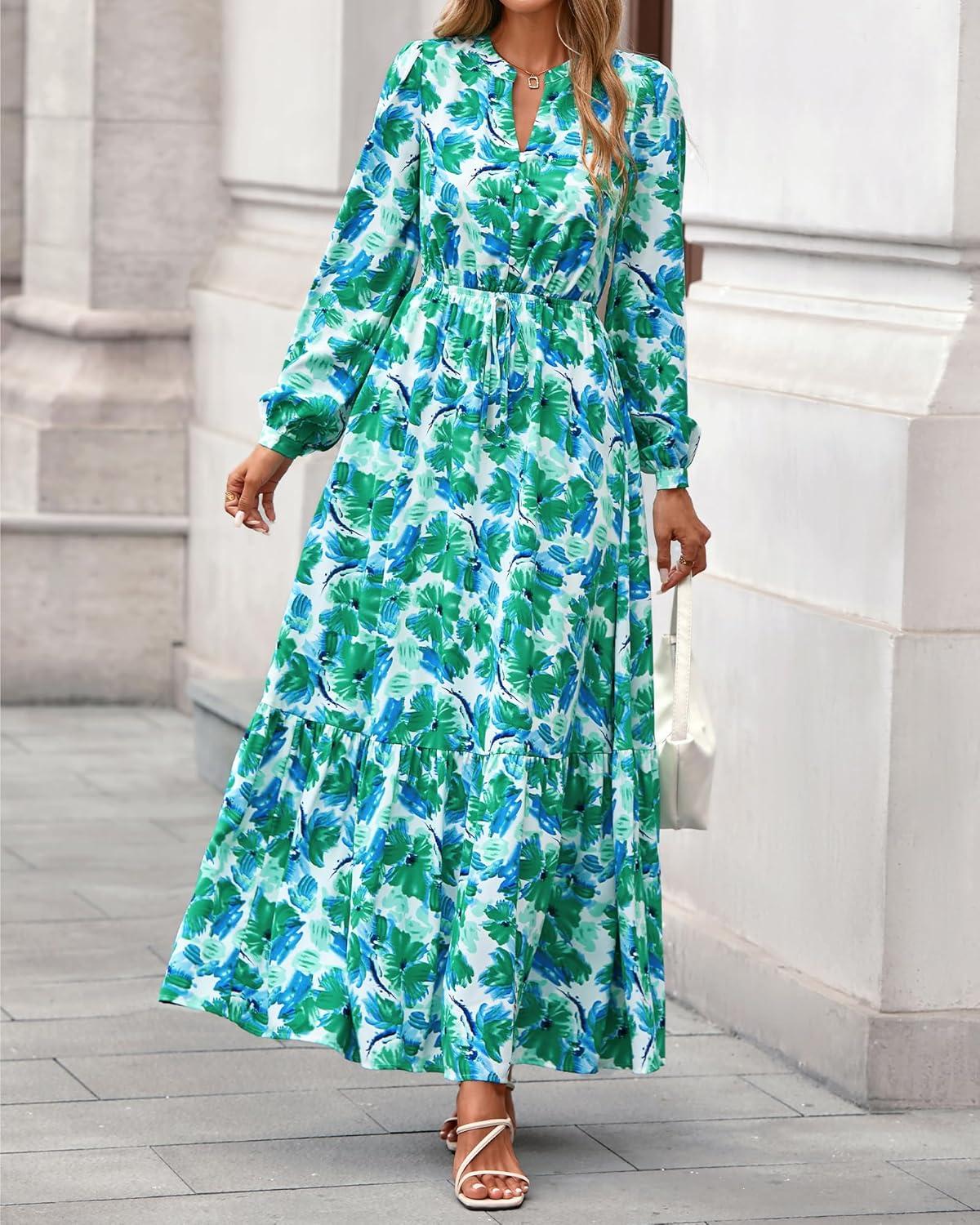 imageBTFBM Women Boho Maxi Dress Fall Fashion 2025 Floral Long Sleeve V Neck Button Pockets Flowy Vacation Wedding DressesFloral Green