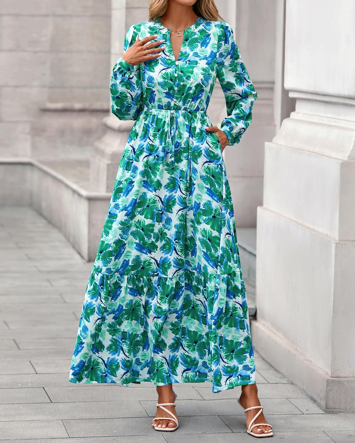 imageBTFBM Women Boho Maxi Dress Fall Fashion 2025 Floral Long Sleeve V Neck Button Pockets Flowy Vacation Wedding DressesFloral Green