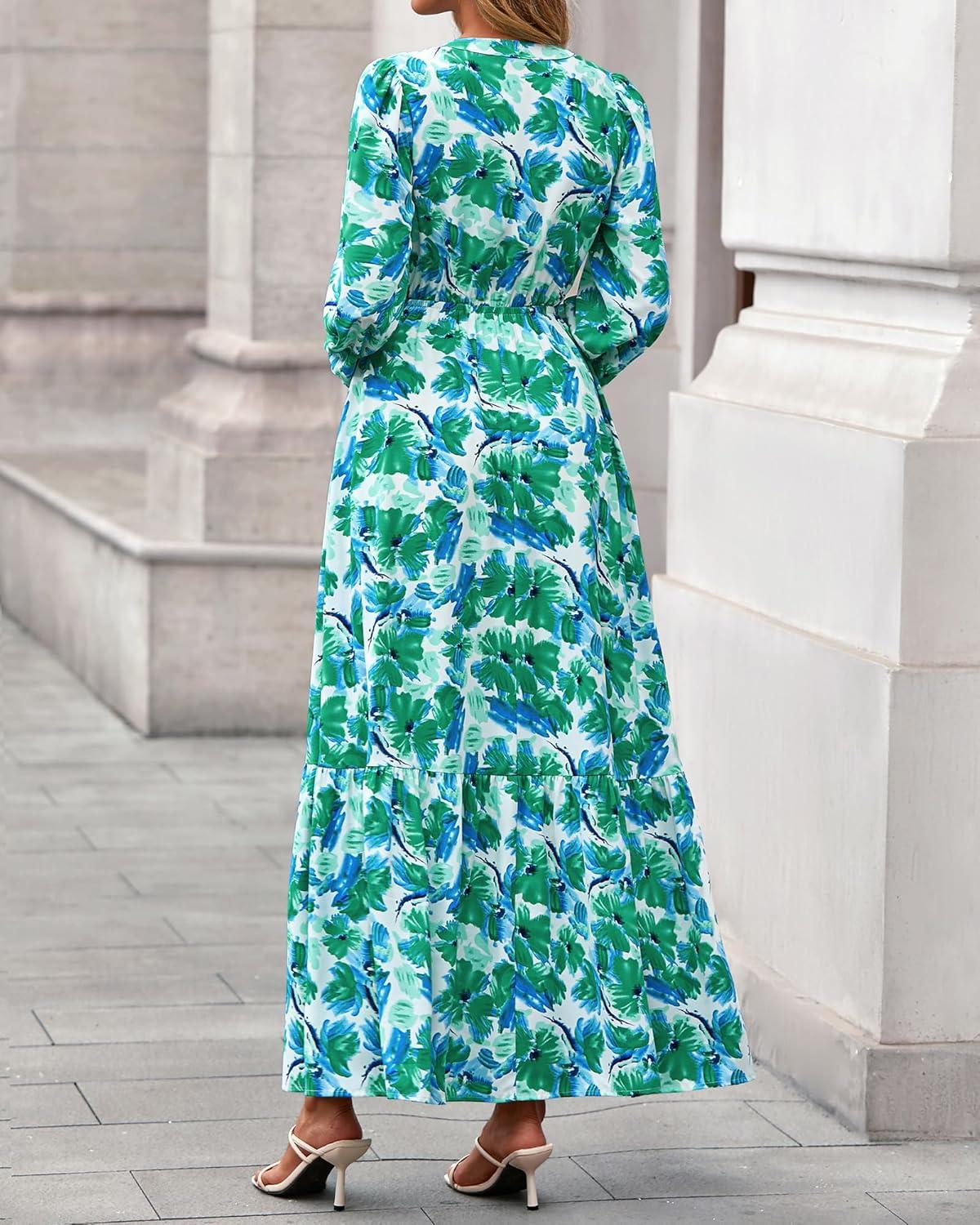 imageBTFBM Women Boho Maxi Dress Fall Fashion 2025 Floral Long Sleeve V Neck Button Pockets Flowy Vacation Wedding DressesFloral Green