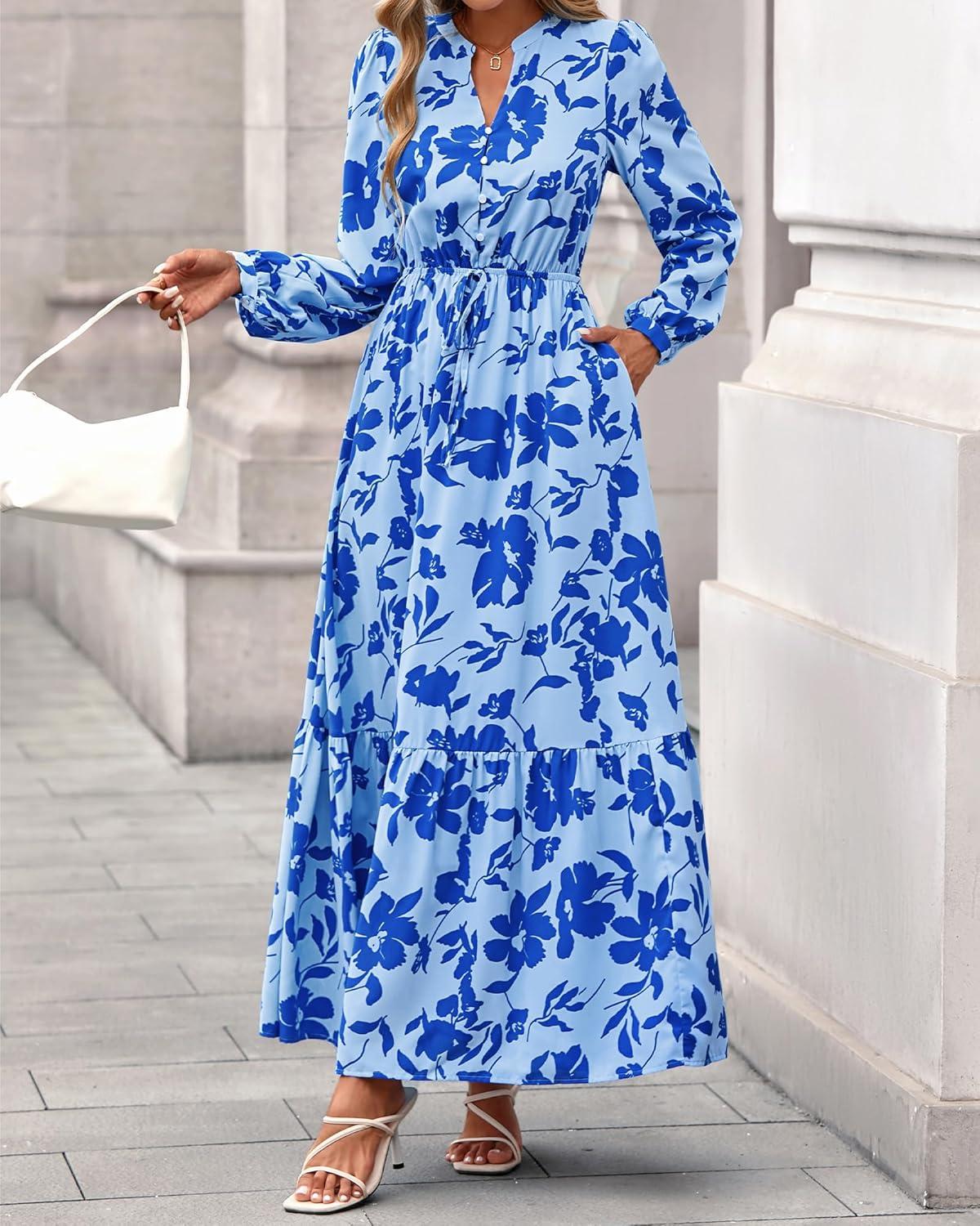 imageBTFBM Women Boho Maxi Dress Fall Fashion 2025 Floral Long Sleeve V Neck Button Pockets Flowy Vacation Wedding DressesFloral Light Blue Blue