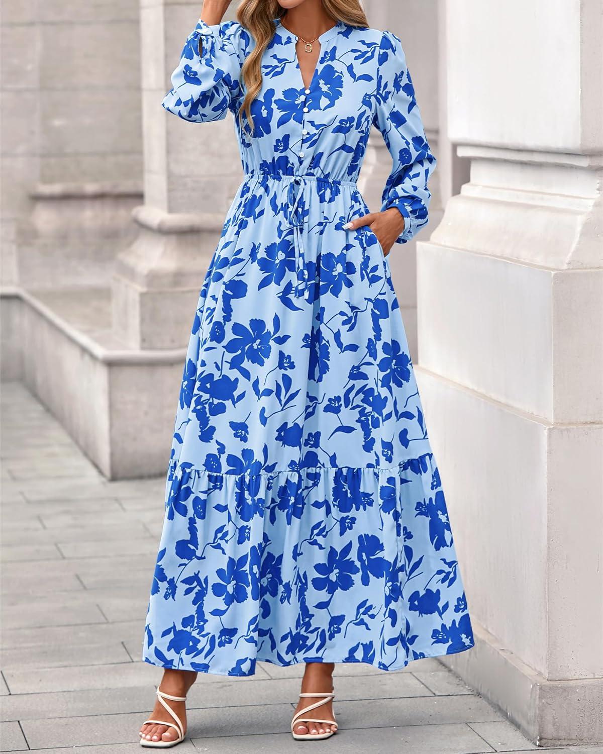 imageBTFBM Women Boho Maxi Dress Fall Fashion 2025 Floral Long Sleeve V Neck Button Pockets Flowy Vacation Wedding DressesFloral Light Blue Blue