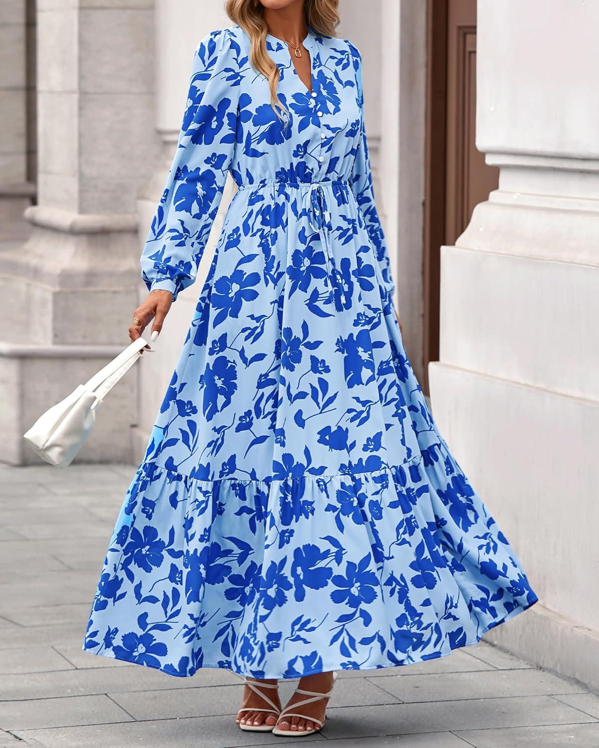 imageBTFBM Women Boho Maxi Dress Fall Fashion 2025 Floral Long Sleeve V Neck Button Pockets Flowy Vacation Wedding DressesFloral Light Blue Blue