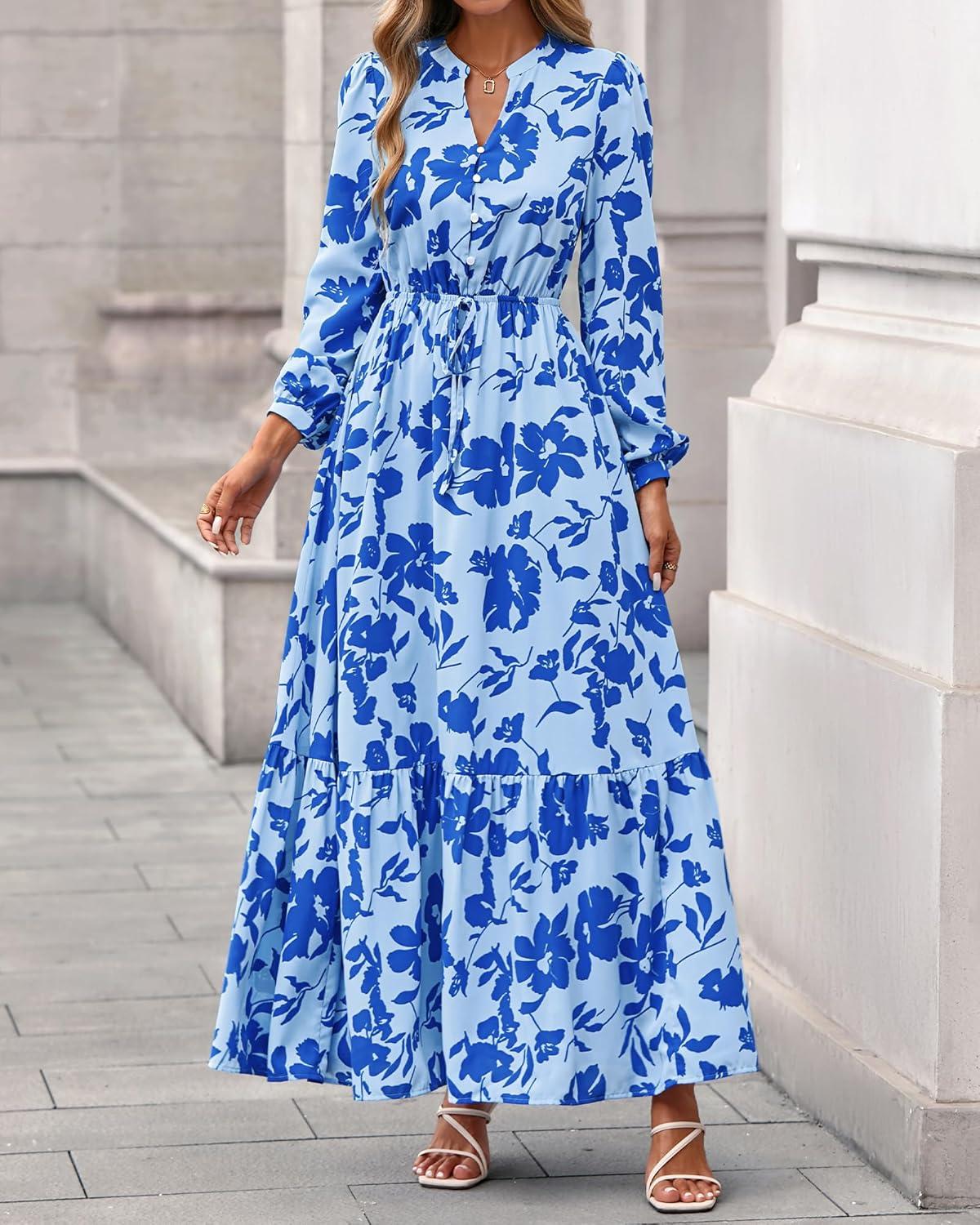 imageBTFBM Women Boho Maxi Dress Fall Fashion 2025 Floral Long Sleeve V Neck Button Pockets Flowy Vacation Wedding DressesFloral Light Blue Blue
