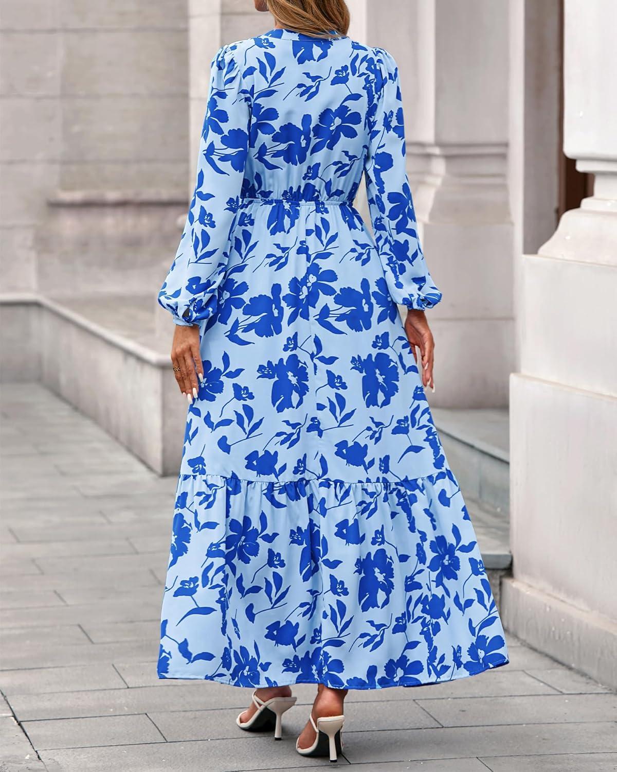 imageBTFBM Women Boho Maxi Dress Fall Fashion 2025 Floral Long Sleeve V Neck Button Pockets Flowy Vacation Wedding DressesFloral Light Blue Blue