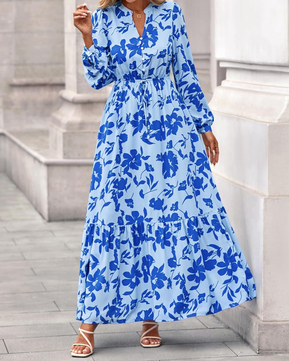 imageBTFBM Women Boho Maxi Dress Fall Fashion 2025 Floral Long Sleeve V Neck Button Pockets Flowy Vacation Wedding DressesFloral Light Blue Blue
