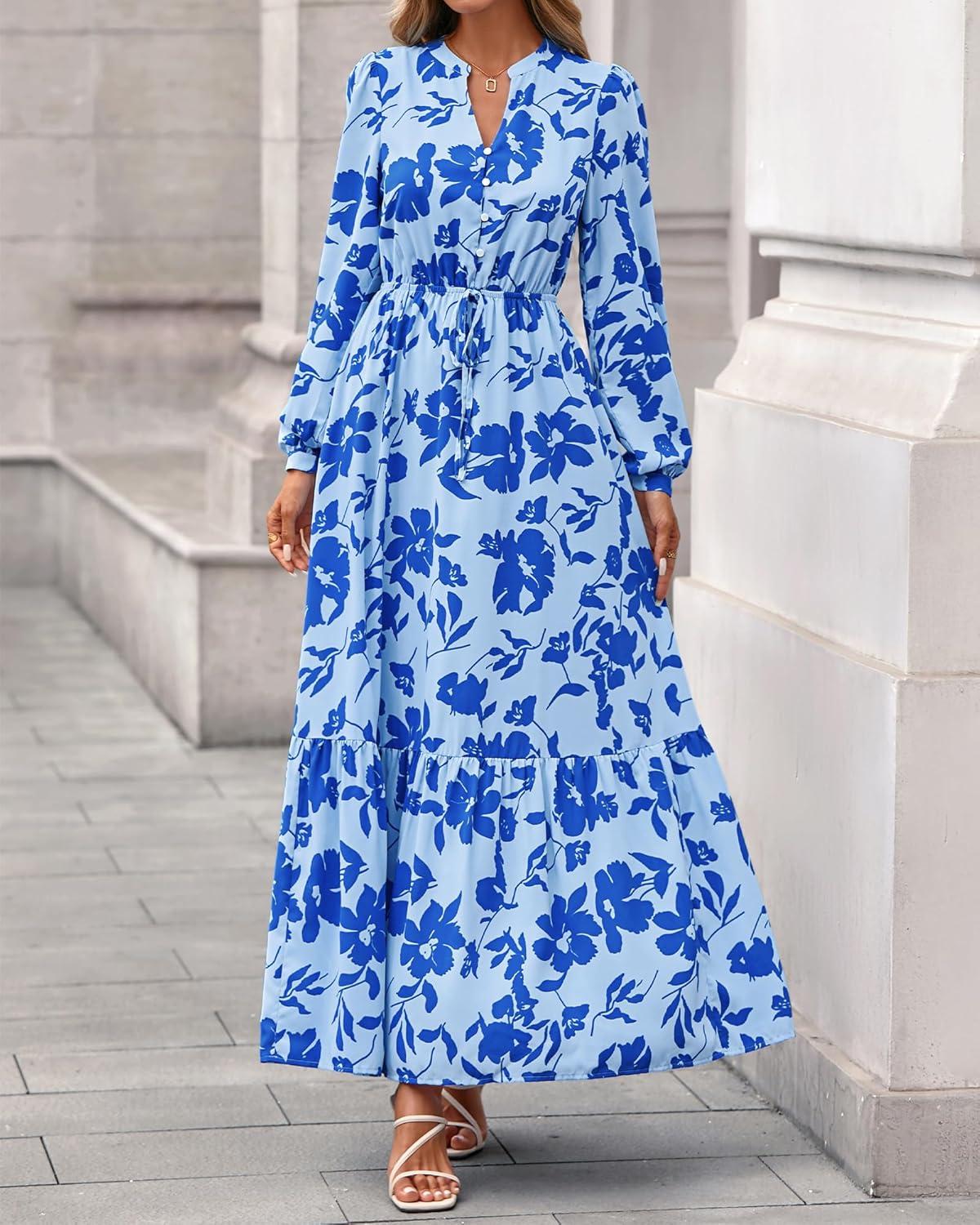 imageBTFBM Women Boho Maxi Dress Fall Fashion 2025 Floral Long Sleeve V Neck Button Pockets Flowy Vacation Wedding DressesFloral Light Blue Blue