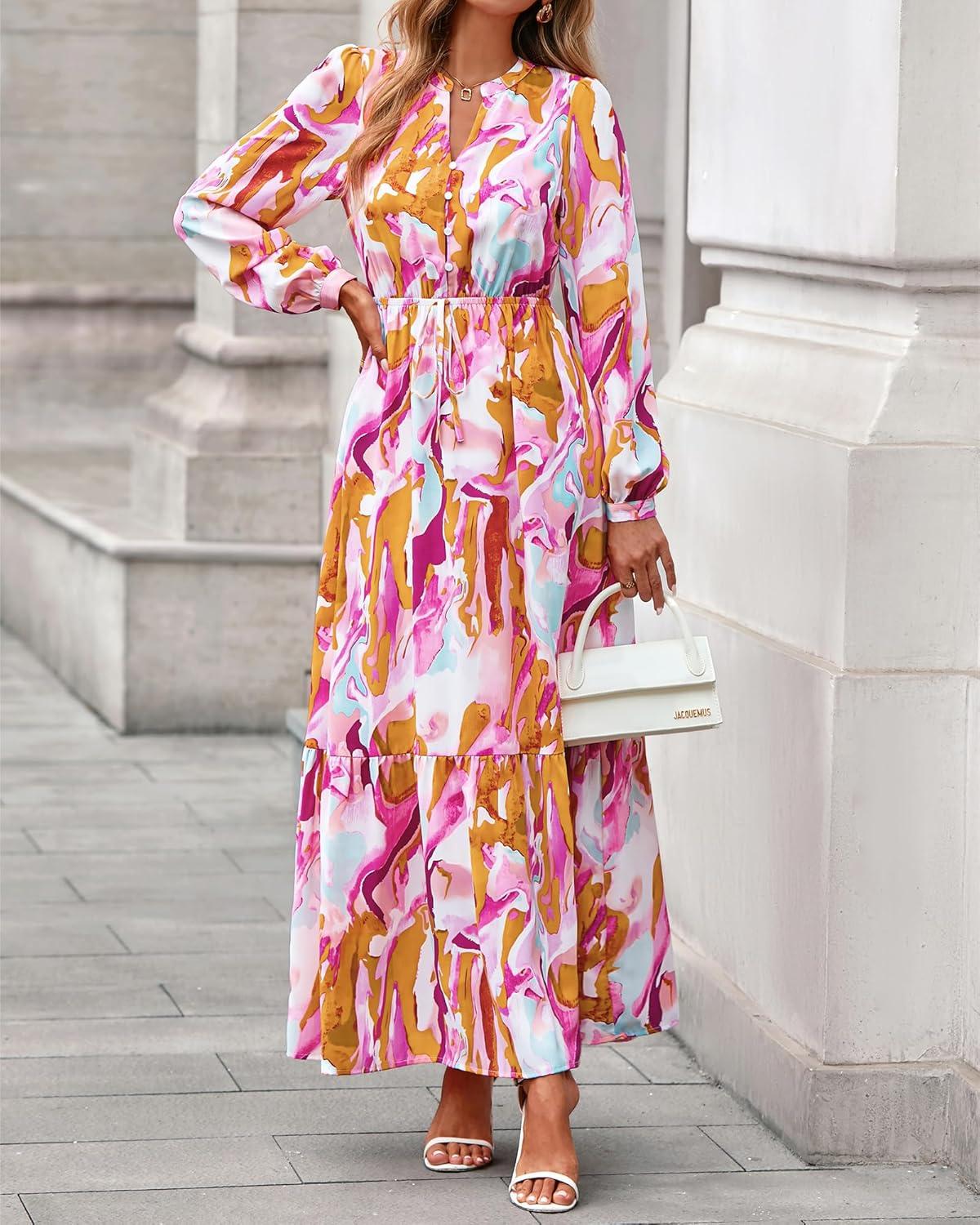 imageBTFBM Women Boho Maxi Dress Fall Fashion 2025 Floral Long Sleeve V Neck Button Pockets Flowy Vacation Wedding DressesFloral Multicolored