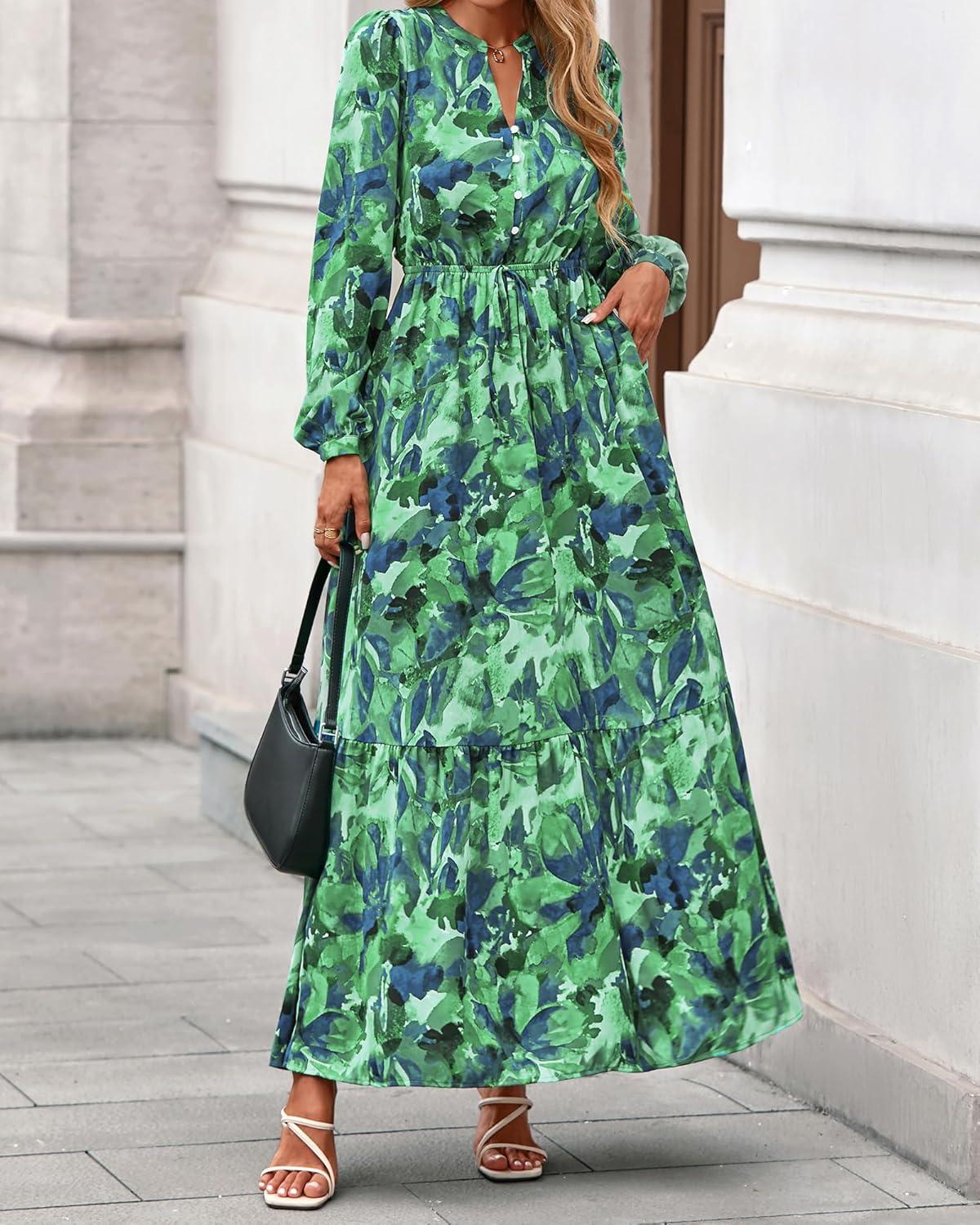 imageBTFBM Women Boho Maxi Dress Fall Fashion 2025 Floral Long Sleeve V Neck Button Pockets Flowy Vacation Wedding DressesGreen