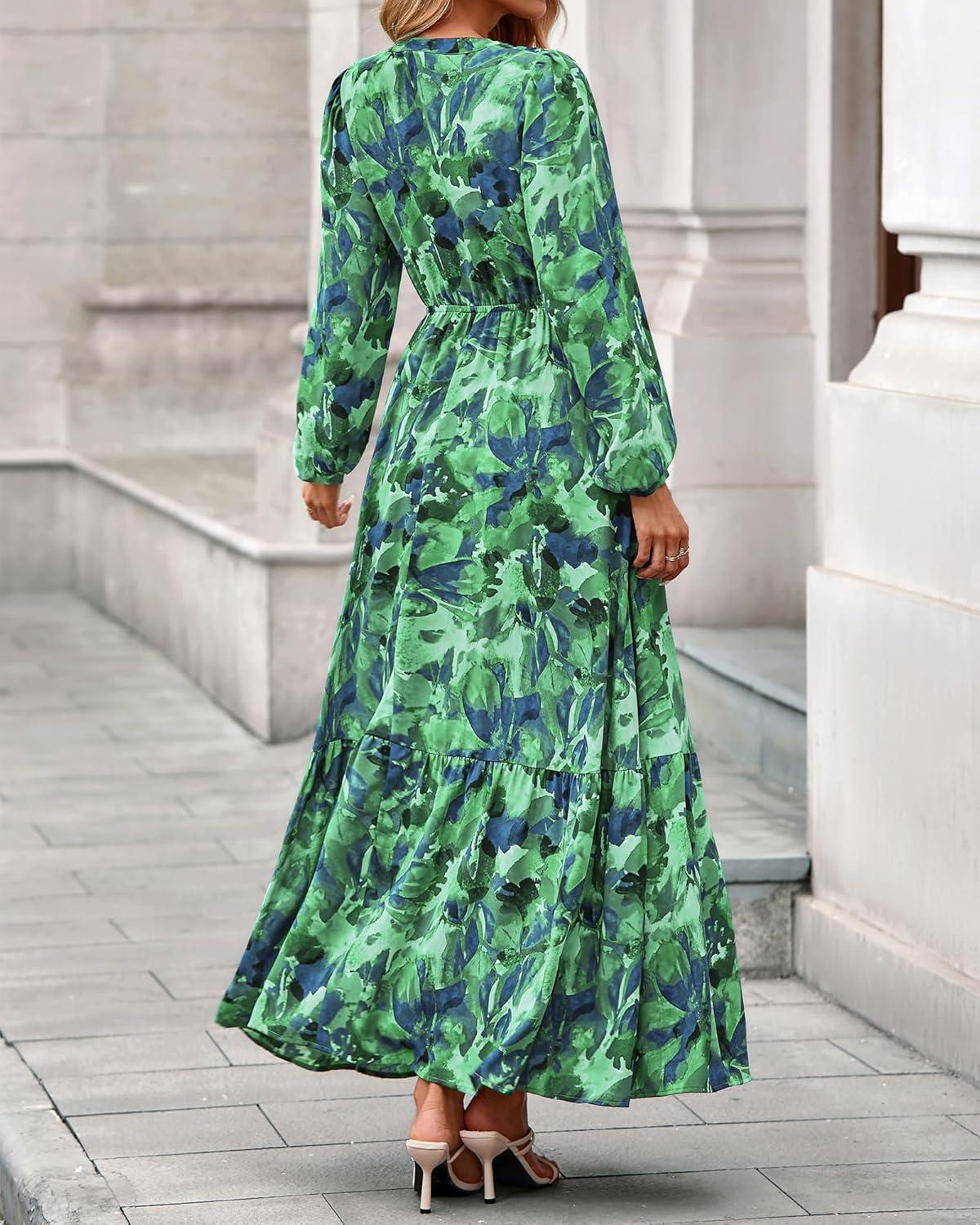 imageBTFBM Women Boho Maxi Dress Fall Fashion 2025 Floral Long Sleeve V Neck Button Pockets Flowy Vacation Wedding DressesGreen