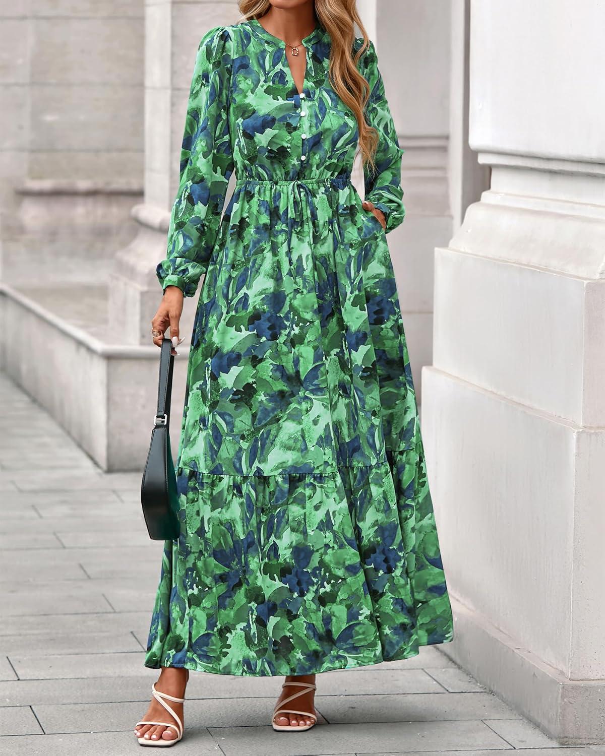 imageBTFBM Women Boho Maxi Dress Fall Fashion 2025 Floral Long Sleeve V Neck Button Pockets Flowy Vacation Wedding DressesGreen