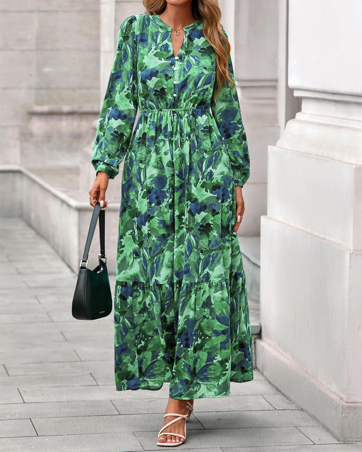imageBTFBM Women Boho Maxi Dress Fall Fashion 2025 Floral Long Sleeve V Neck Button Pockets Flowy Vacation Wedding DressesGreen
