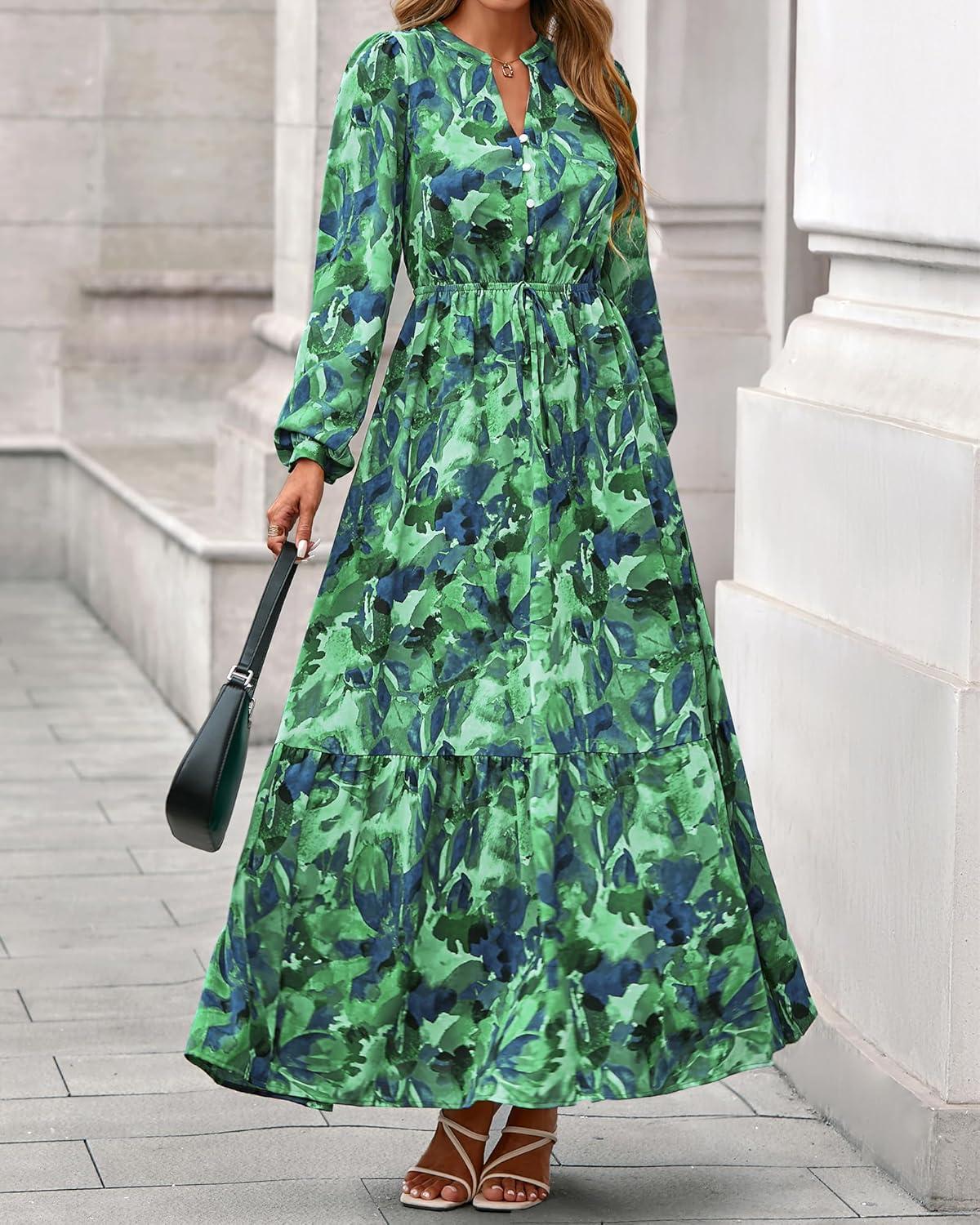 imageBTFBM Women Boho Maxi Dress Fall Fashion 2025 Floral Long Sleeve V Neck Button Pockets Flowy Vacation Wedding DressesGreen