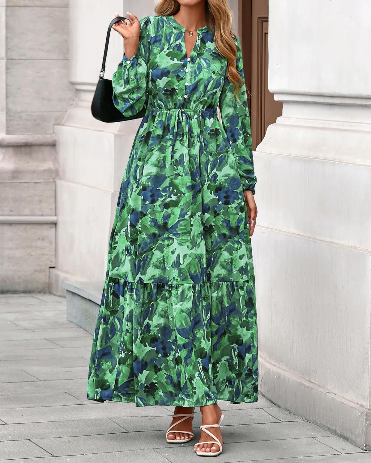imageBTFBM Women Boho Maxi Dress Fall Fashion 2025 Floral Long Sleeve V Neck Button Pockets Flowy Vacation Wedding DressesGreen