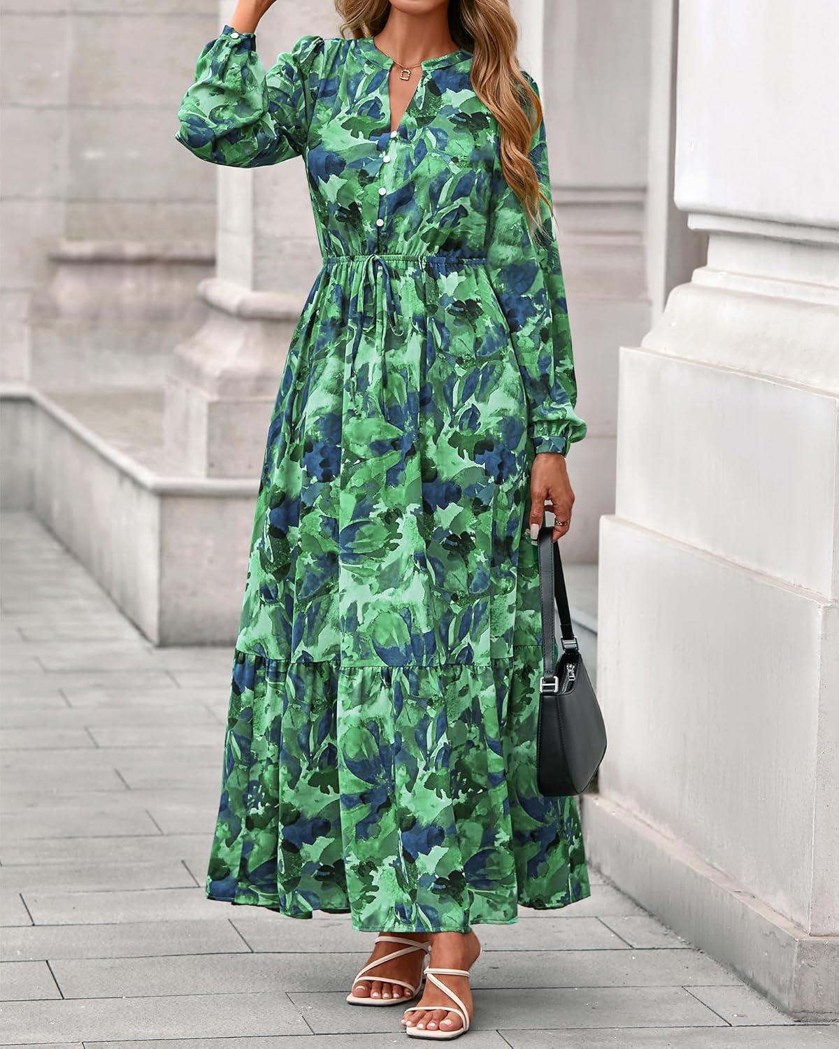 imageBTFBM Women Boho Maxi Dress Fall Fashion 2025 Floral Long Sleeve V Neck Button Pockets Flowy Vacation Wedding DressesGreen