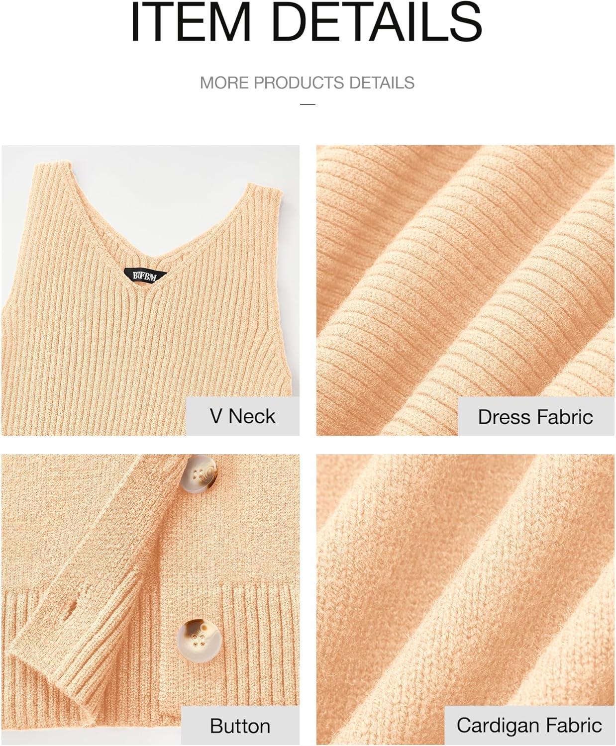 imageBTFBM Women Fall Knit Sweater Dress Set Bodycon Slit Midi Dresses Button Down Long Sleeve Cropped Cardigan 2 Piece SetsBeige