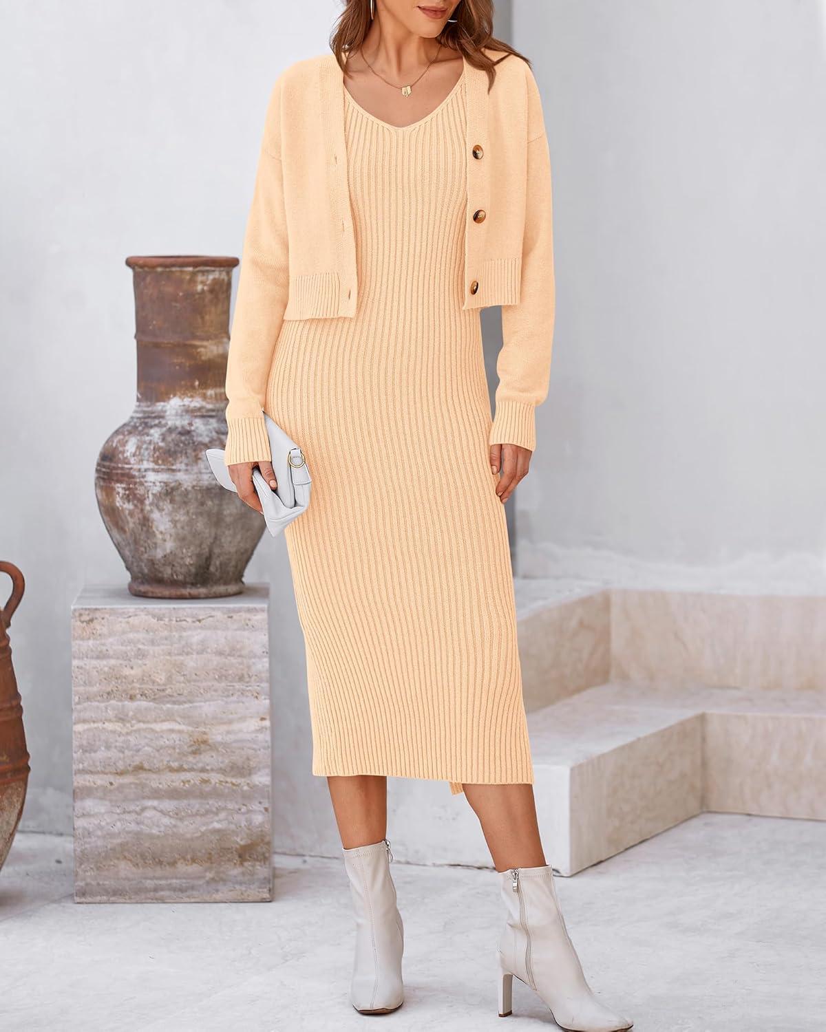 imageBTFBM Women Fall Knit Sweater Dress Set Bodycon Slit Midi Dresses Button Down Long Sleeve Cropped Cardigan 2 Piece SetsBeige