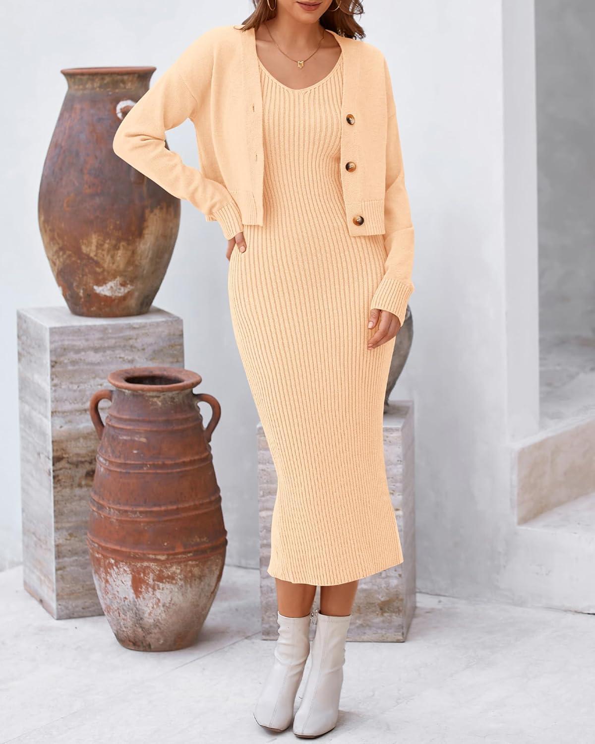 imageBTFBM Women Fall Knit Sweater Dress Set Bodycon Slit Midi Dresses Button Down Long Sleeve Cropped Cardigan 2 Piece SetsBeige
