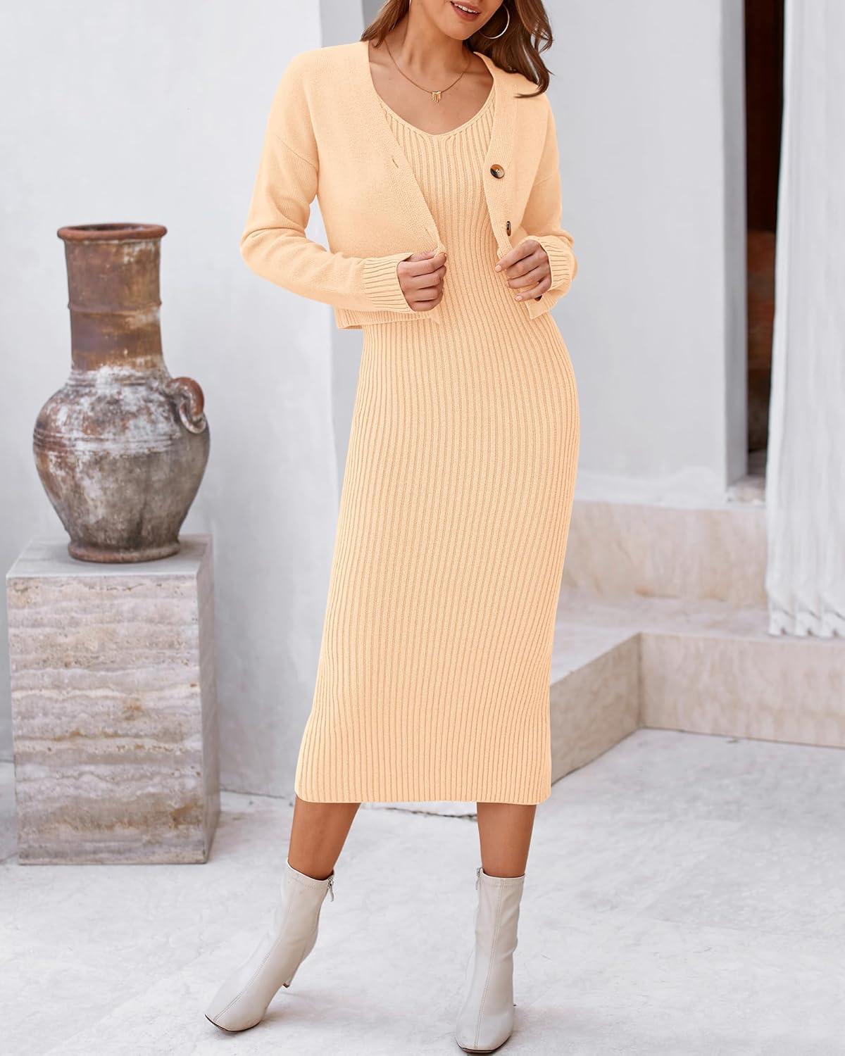 imageBTFBM Women Fall Knit Sweater Dress Set Bodycon Slit Midi Dresses Button Down Long Sleeve Cropped Cardigan 2 Piece SetsBeige